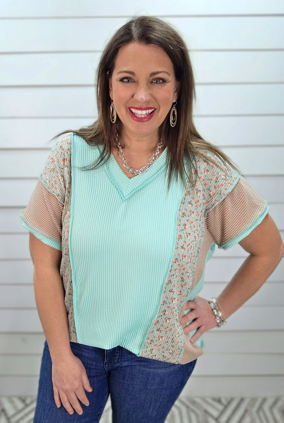 MINT/MOCHA RAISED RIBBED COLORBLOCK LOOSE FIT KNIT TOP