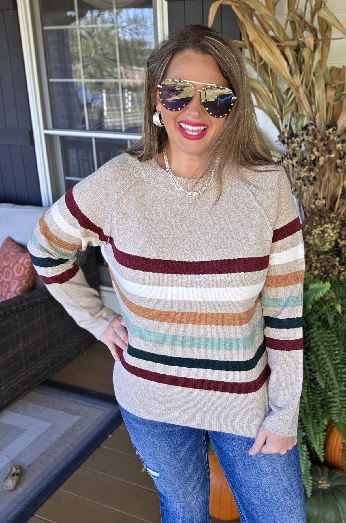 TAUPE MULTI STRIPE KNIT CREW NECK LIGHT WEIGHT SWEATER