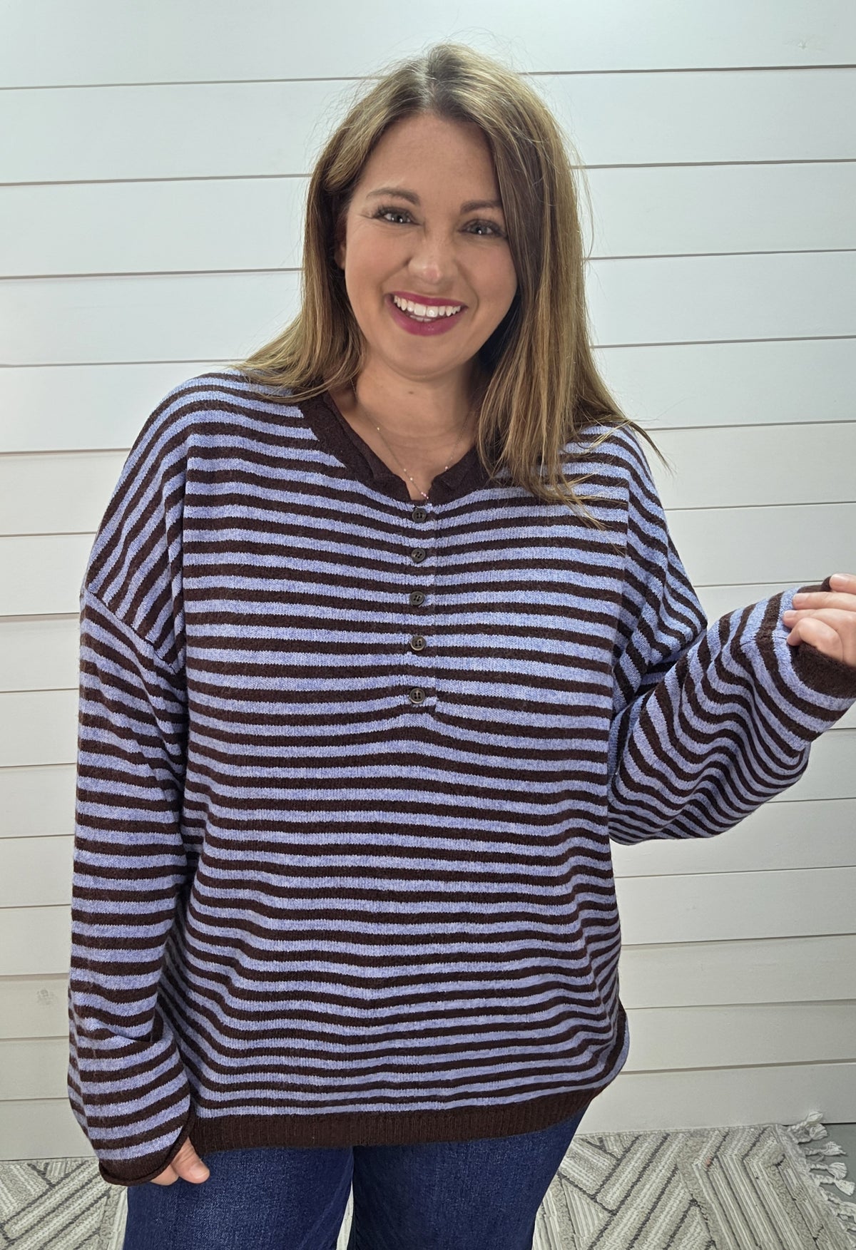 BLUE/BROWN STRIPED HENLEY SWEATER