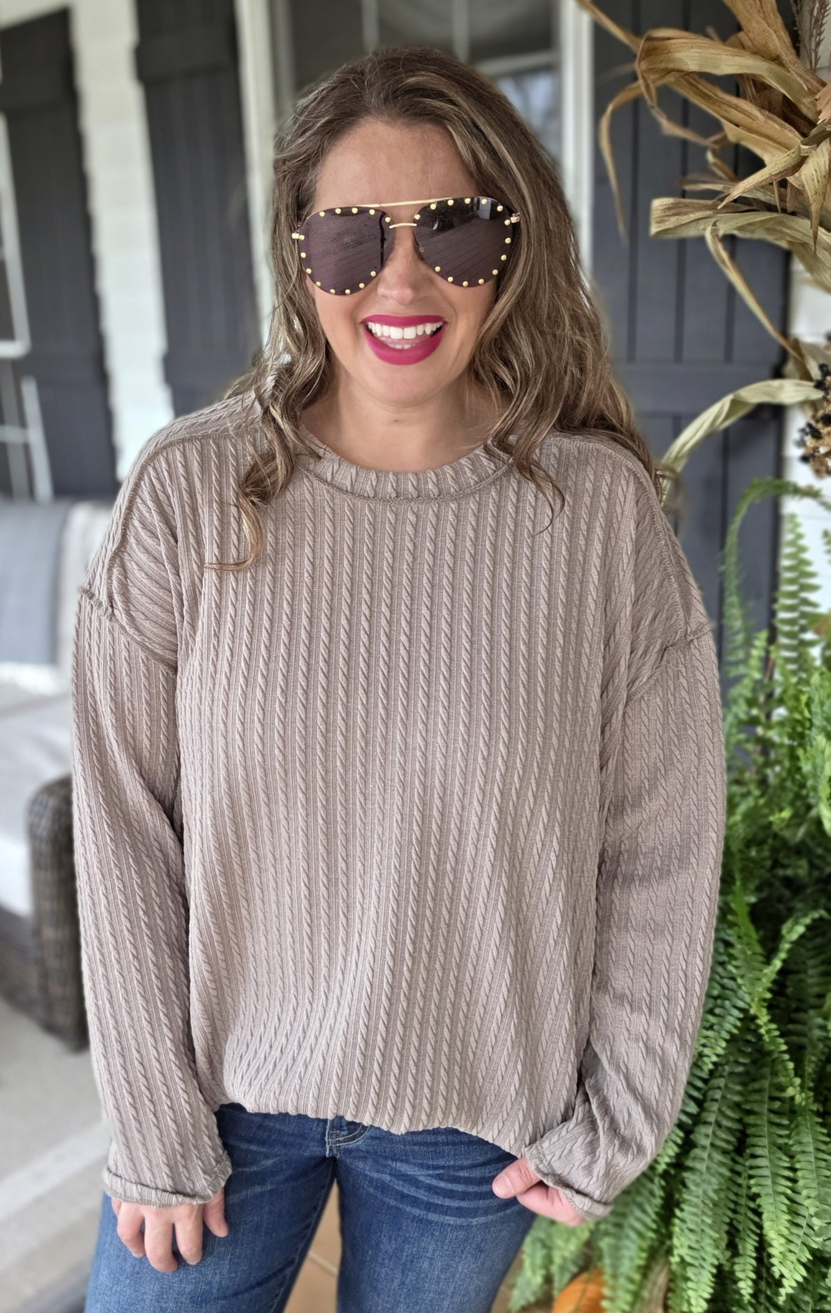LT BROWN TEXTURED CREW NECK KNIT TOP