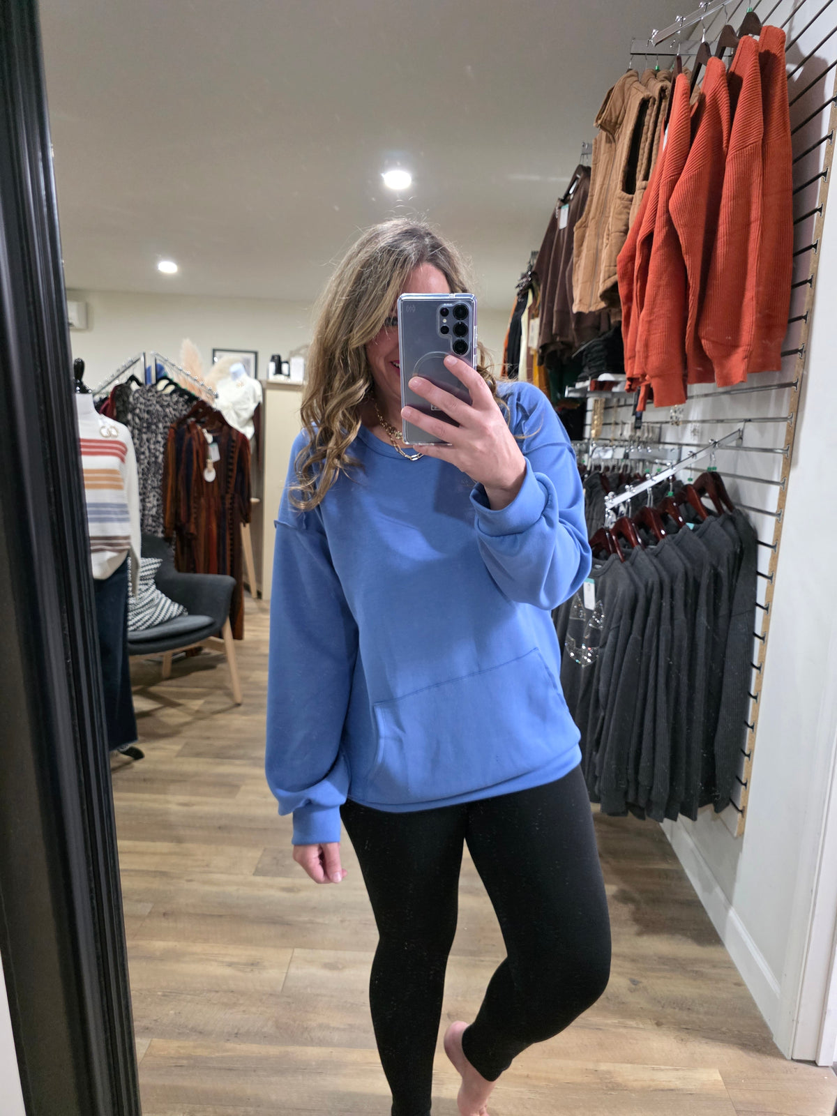 DENIM SCUBA CREW NECK PULLOVER WITH KANGAROO POCKET