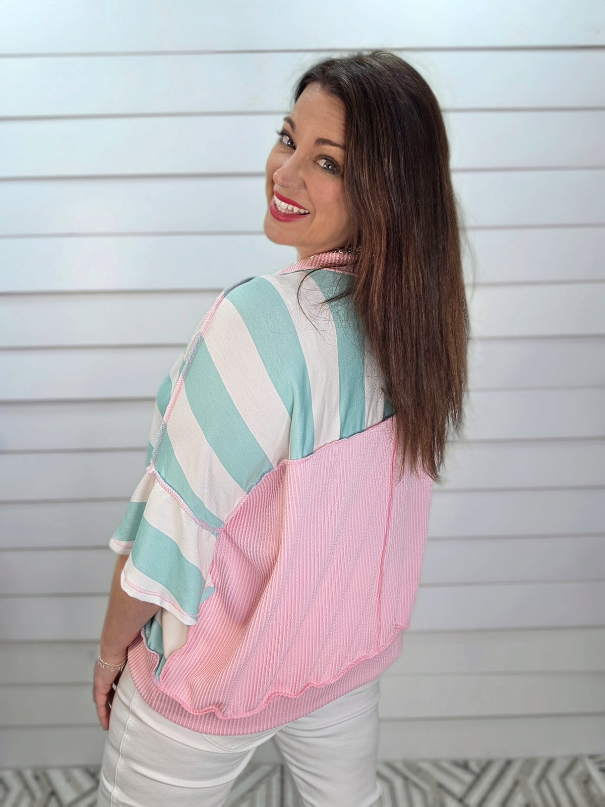 MINT STRIPED LOOSE FIT KNIT TOP W/ PINK TRIM