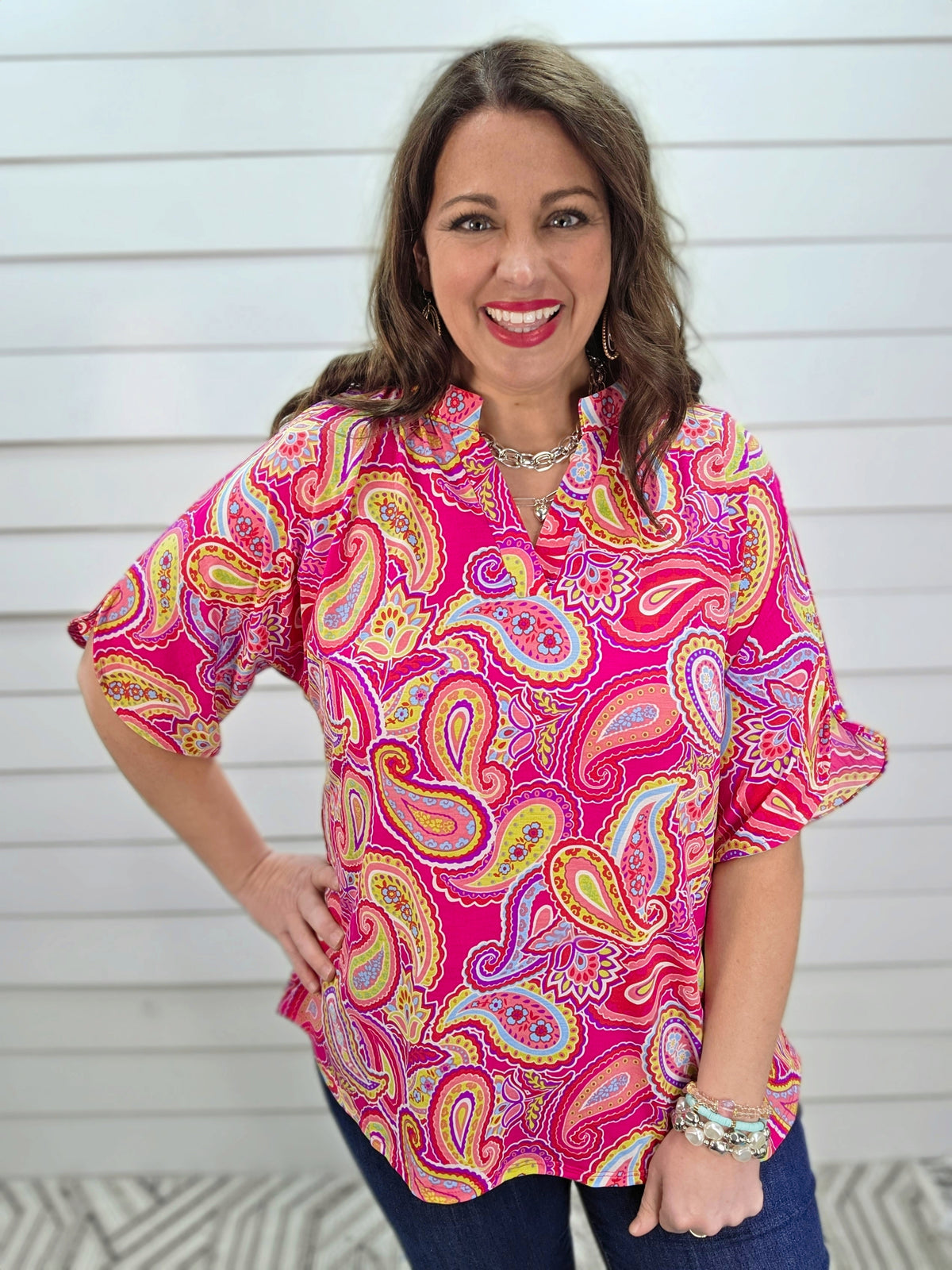 DEAR SCARLETT BREEZE SPLIT SLEEVE TOP - HOT PINK PRINTED