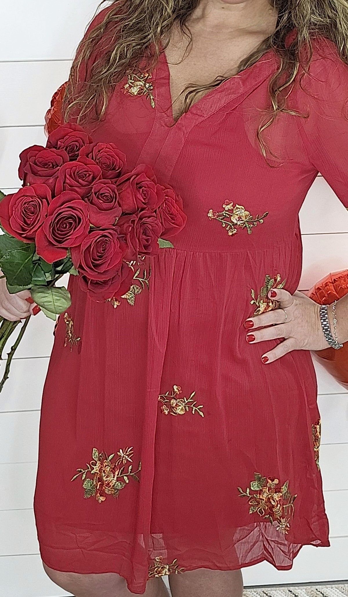 RED EMBROIDERED SHEER DRESS W/ ATTACHED DRESS