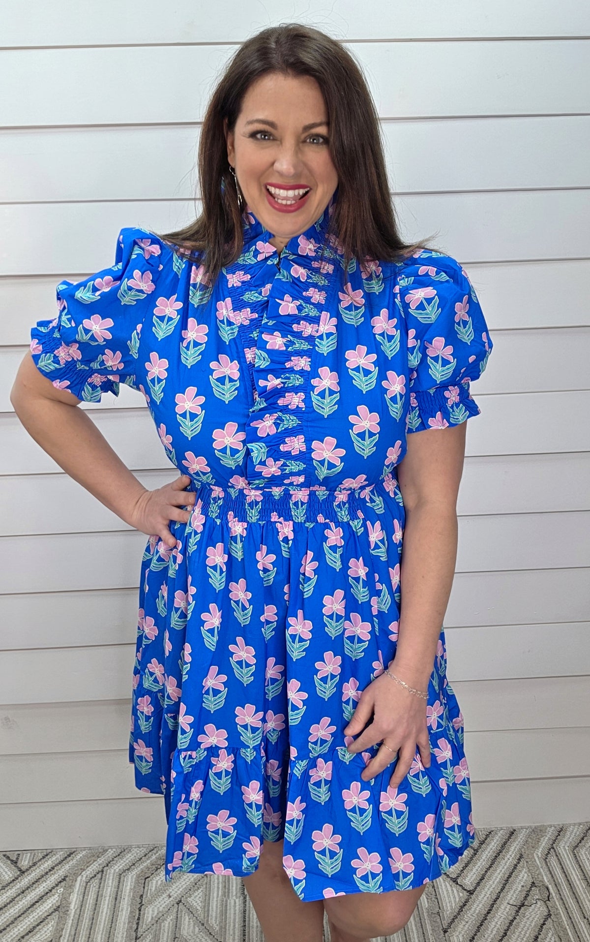 BLUE/PINK FLORAL ELASTIC WAIST DRESS