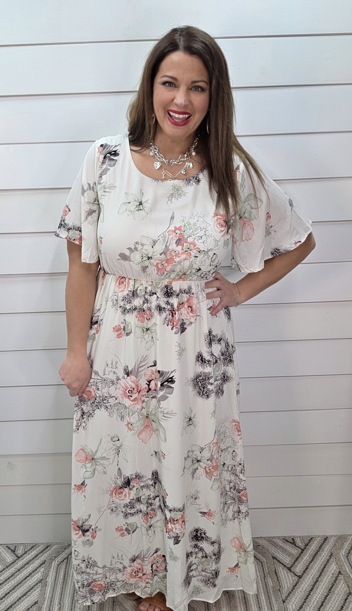 IVORY/SAGE FLORAL ELASTIC WAIST DRESS