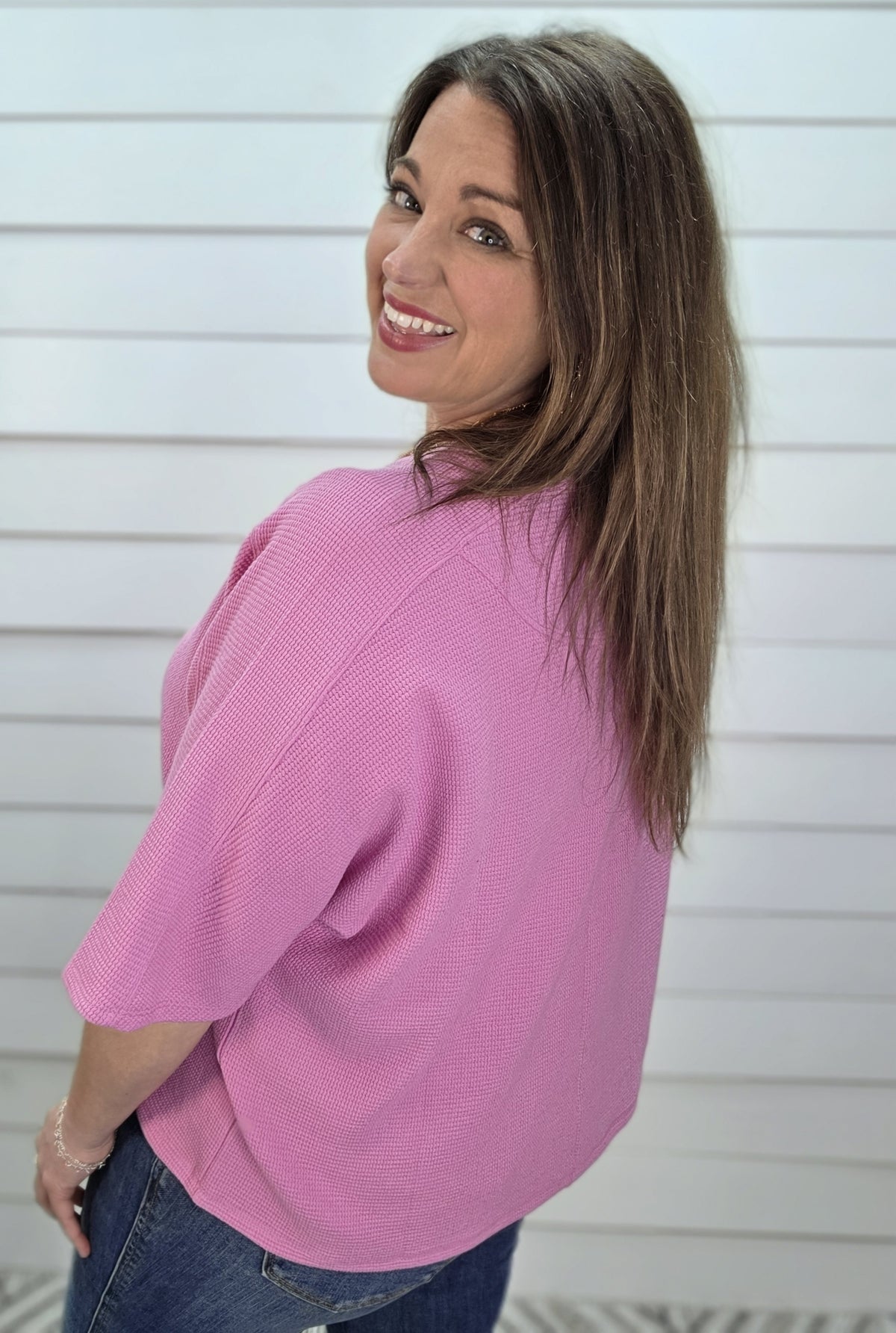 CANDY PINK DOUBLE KNIT TEXTURED HALF SLEEVE KNIT TOP