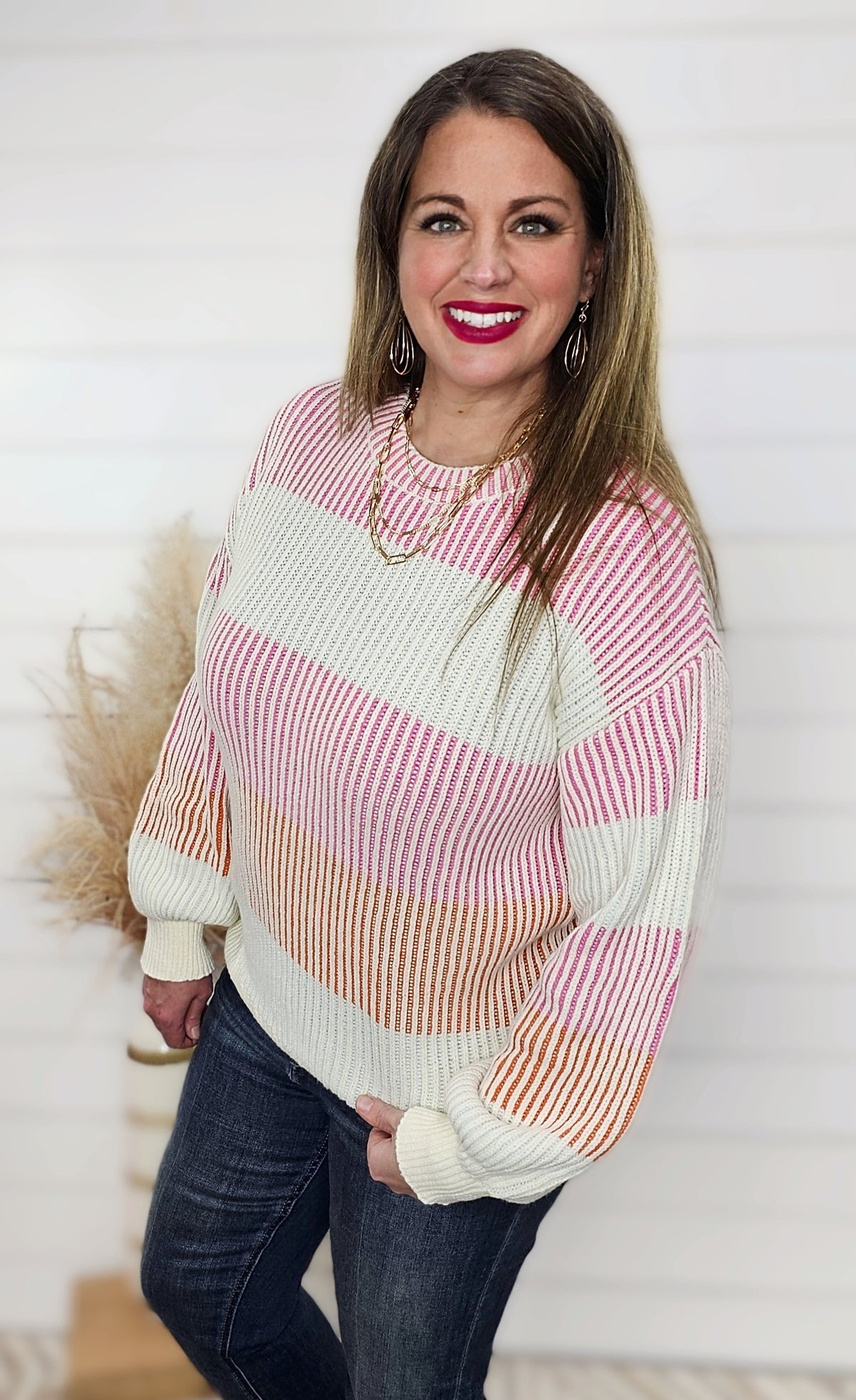 PINK COLORBLOCK TEXTURED KNIT SWEATER