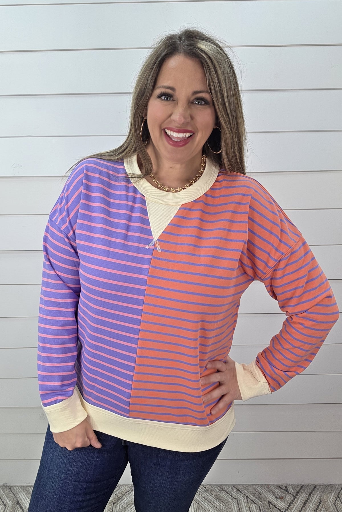LAVENDER/CORAL STRIPED CONTRAST FRENCH TERRY PULLOVER