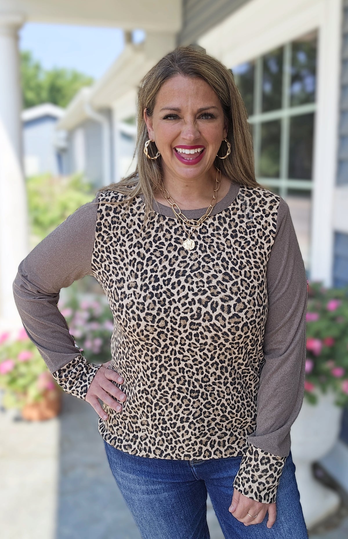 BROWN ANIMAL PRINT CONTRAST LONG SLEEVE KNIT TOP
