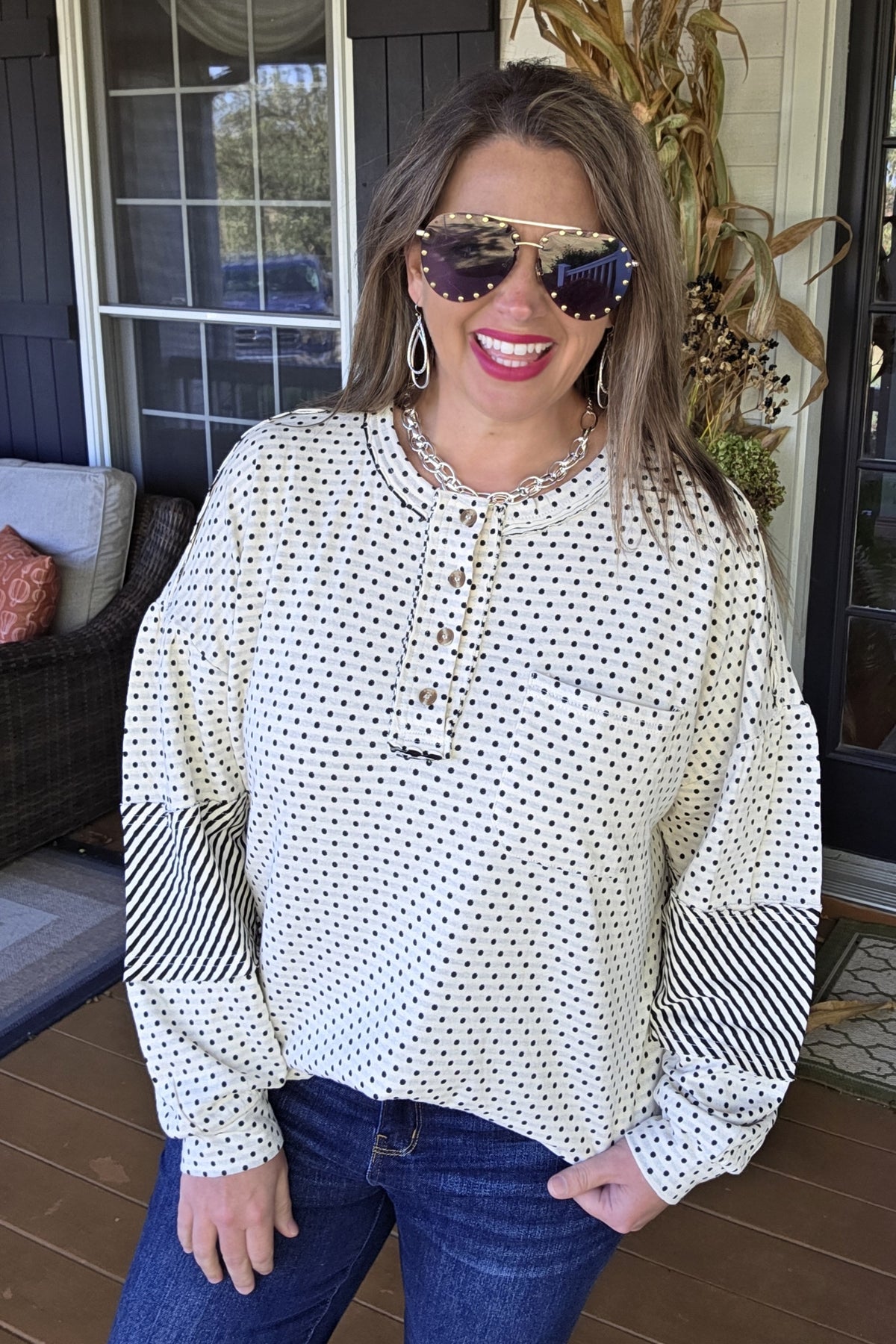 CREAM/BLACK POLKADOT/STRIPED KNIT OVERSIZED TOP