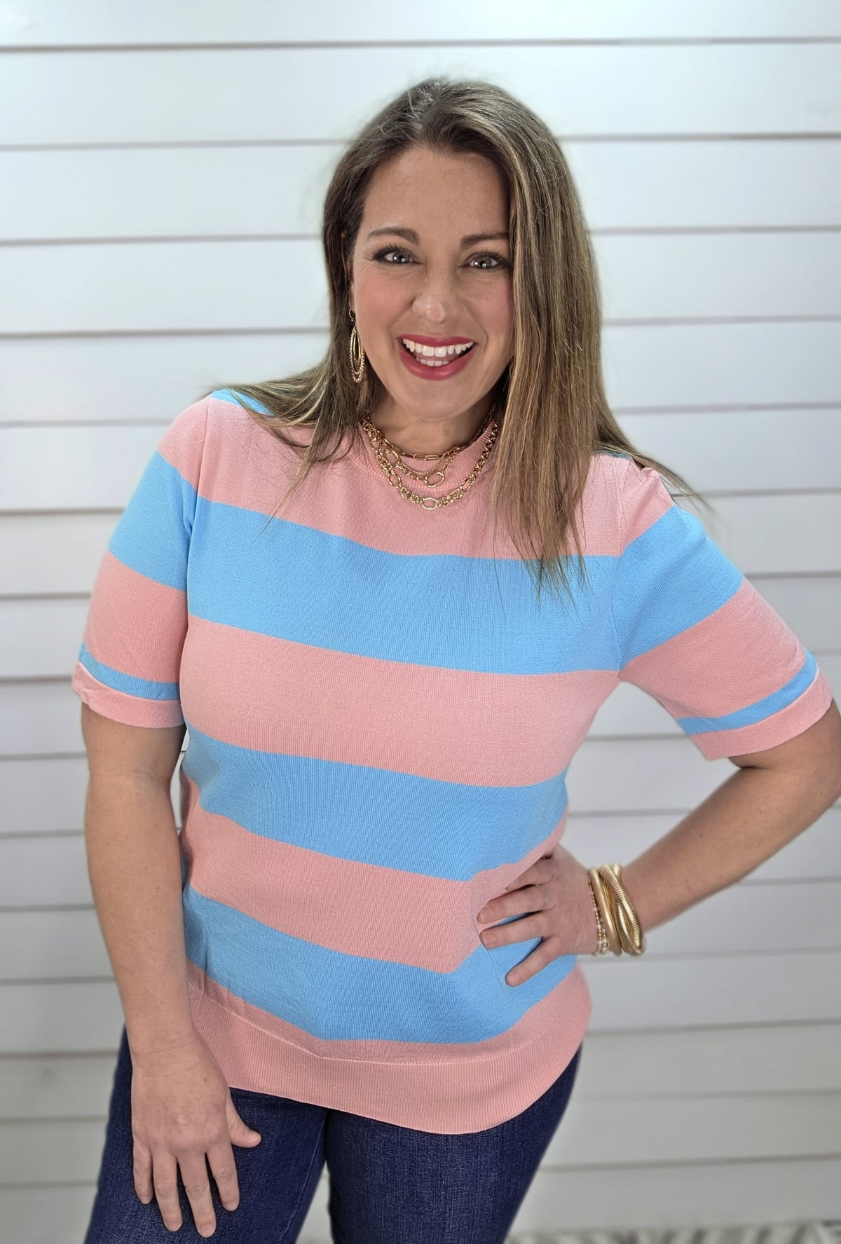 PINK/BLUE STRIPED KNITTED SHORT SLEEVE TOP
