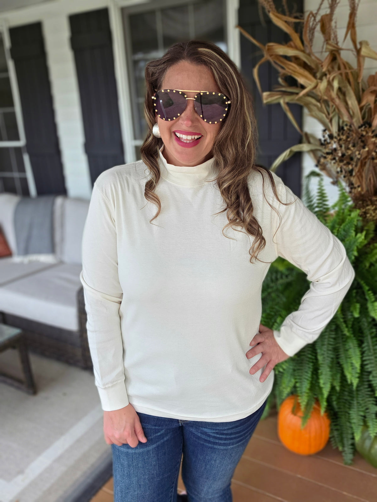 CREAM MOCK NECK COTTON BLEND TOP