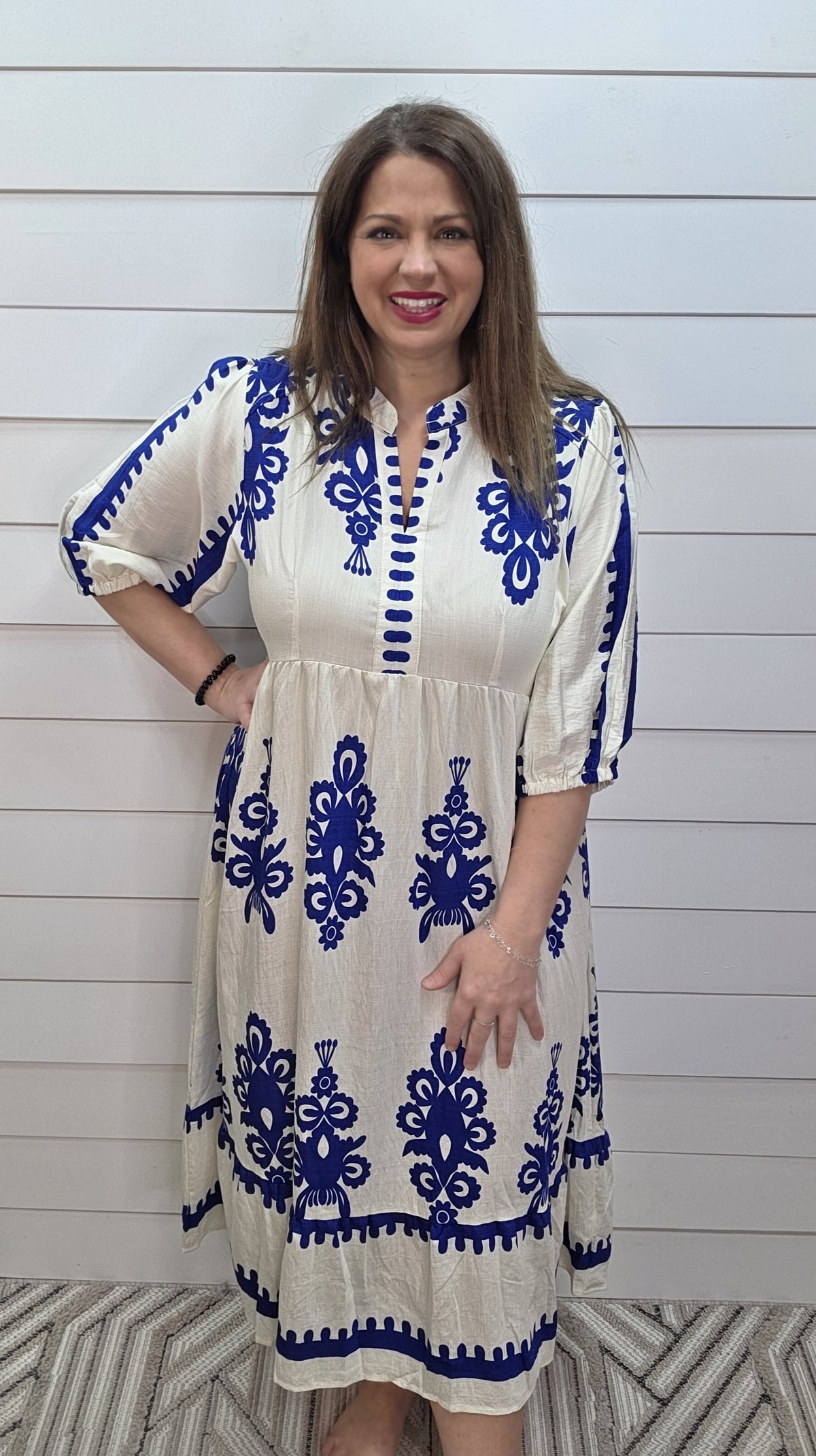 CREAM/BLUE ABRACT PRINT LONG DRESS – Brooch Boutique