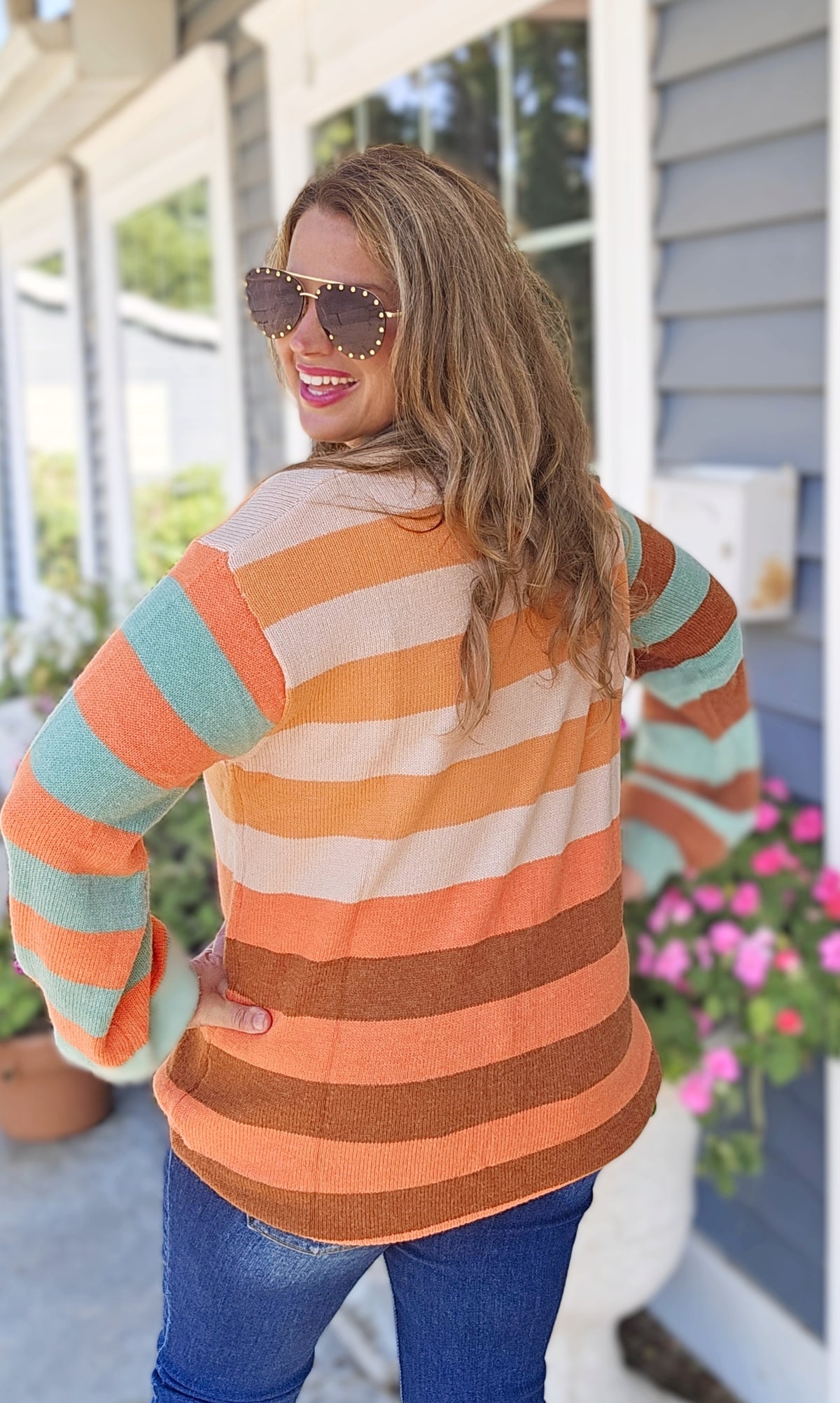 ORANGE/TEAL COLORBLOCK KNIT HIGH NECK SWEATER