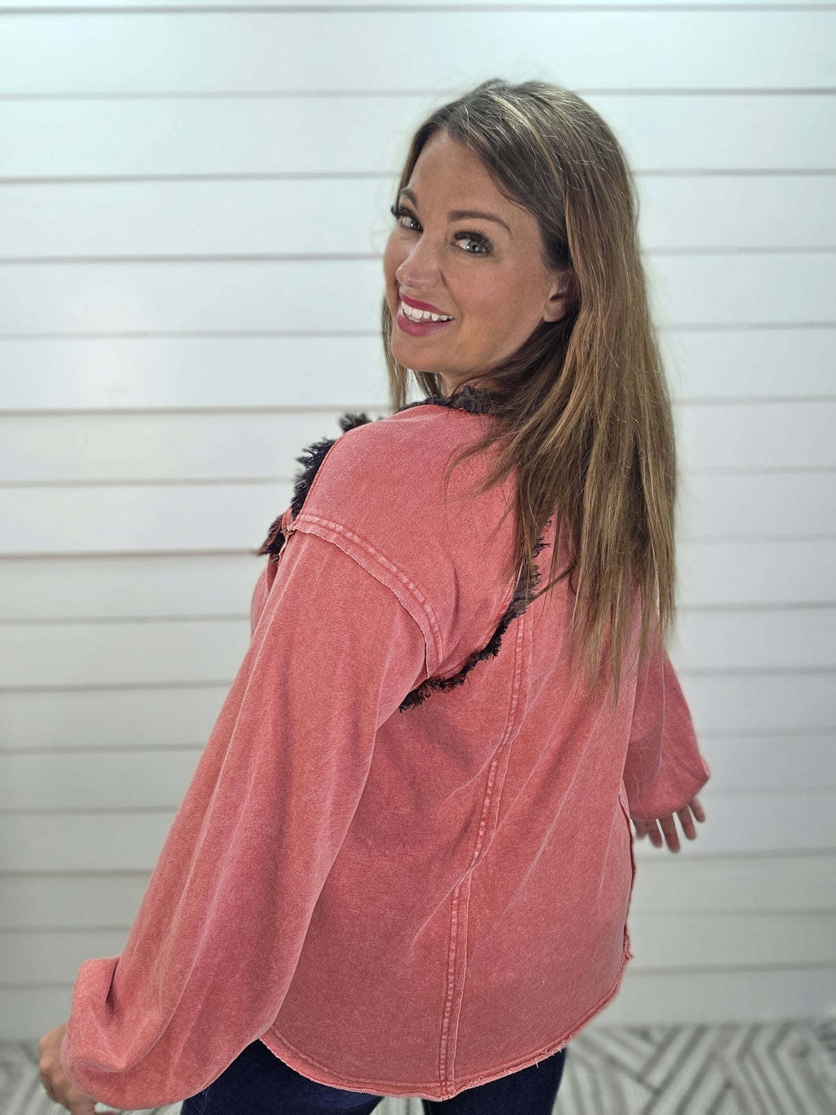 VINTAGE RED MINERAL WASH PLAID TRIM OVERSIZED TOP