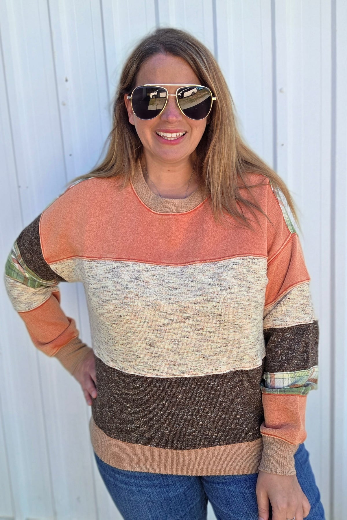 RUST MIX FABRIC/PLAID PULLOVER