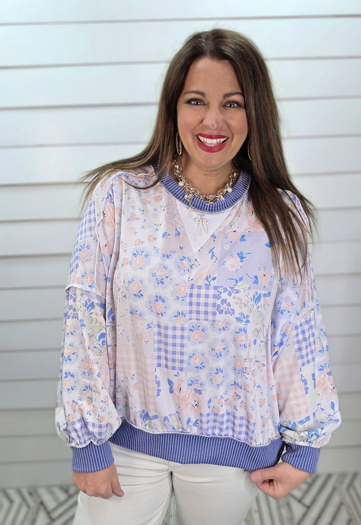 LIGHT BLUE PATCHWORK OVERSIZED LOOSE FIT KNIT TOP