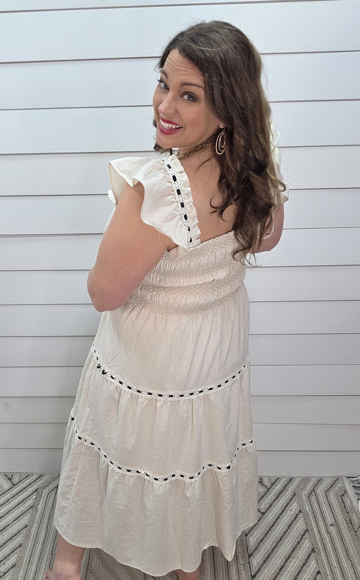 OATMEAL LACE/RIBBON TRIM LONG DRESS