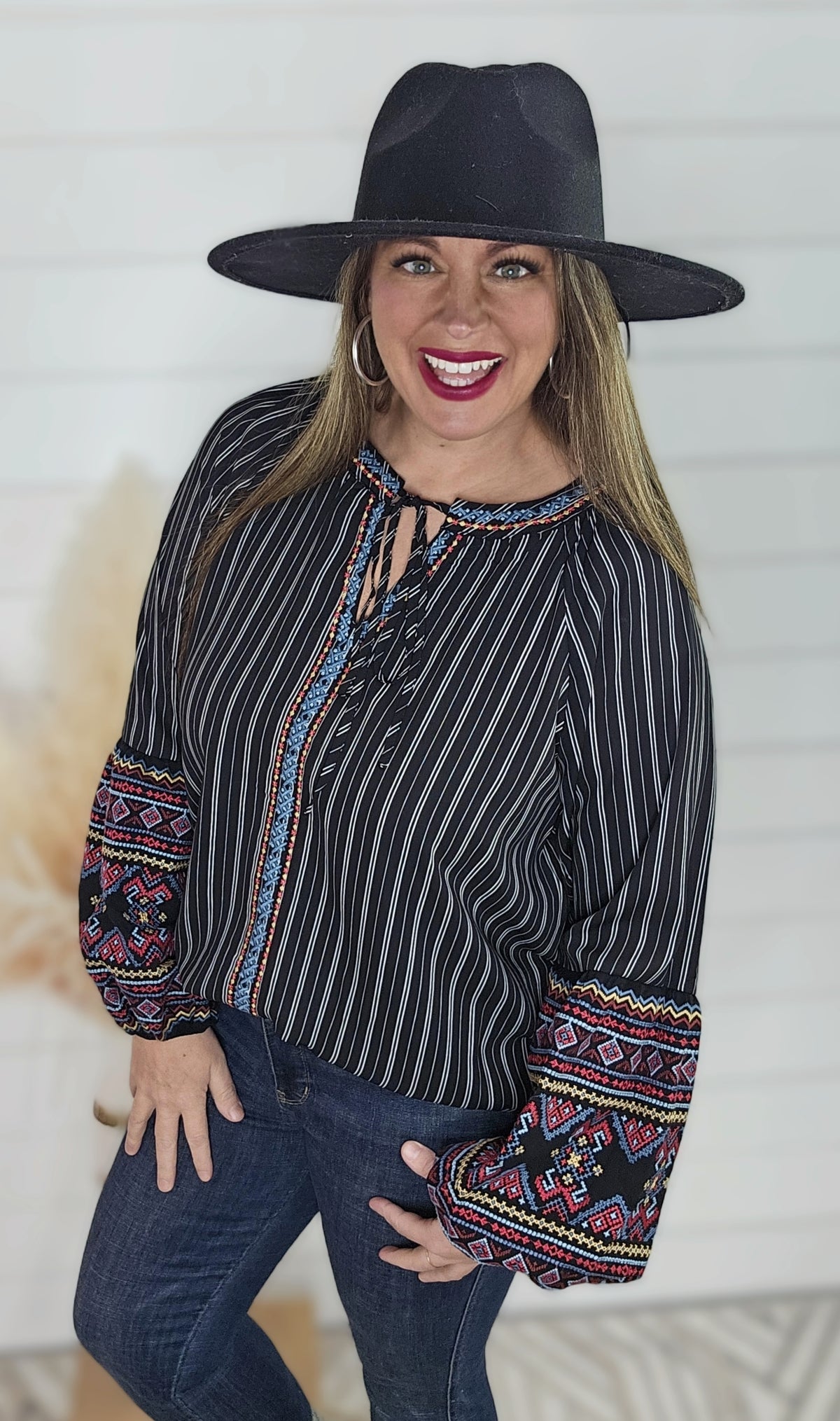 BLACK STRIPED EMBROIDERED TOP