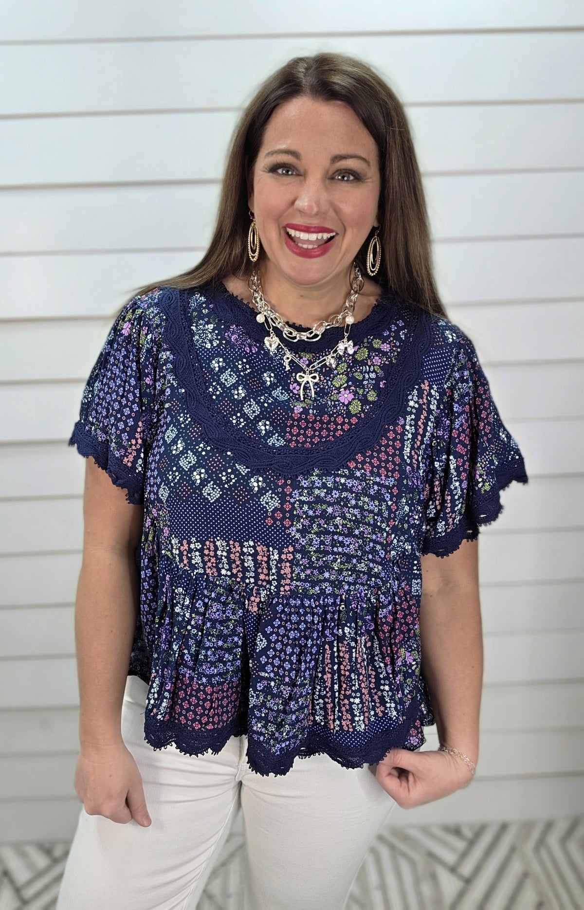 NAVY PATCHWORK FLORAL/LACE TRIM WOVEN TOP
