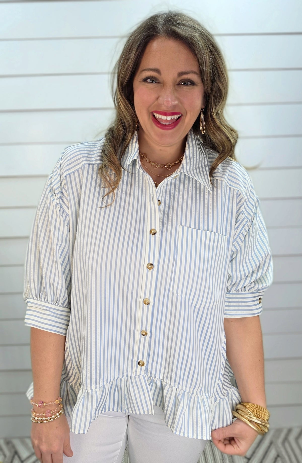 LIGHT BLUE STRIPED BUTTON DOWN RUFFLE TOP
