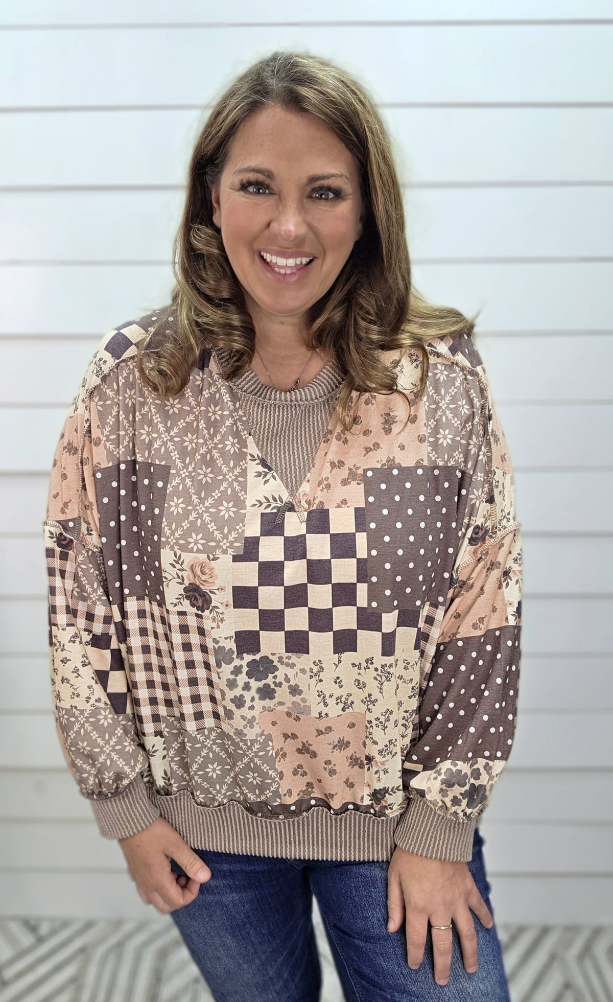 BROWN PATCHWORK KNIT LOOSE FIT TOP