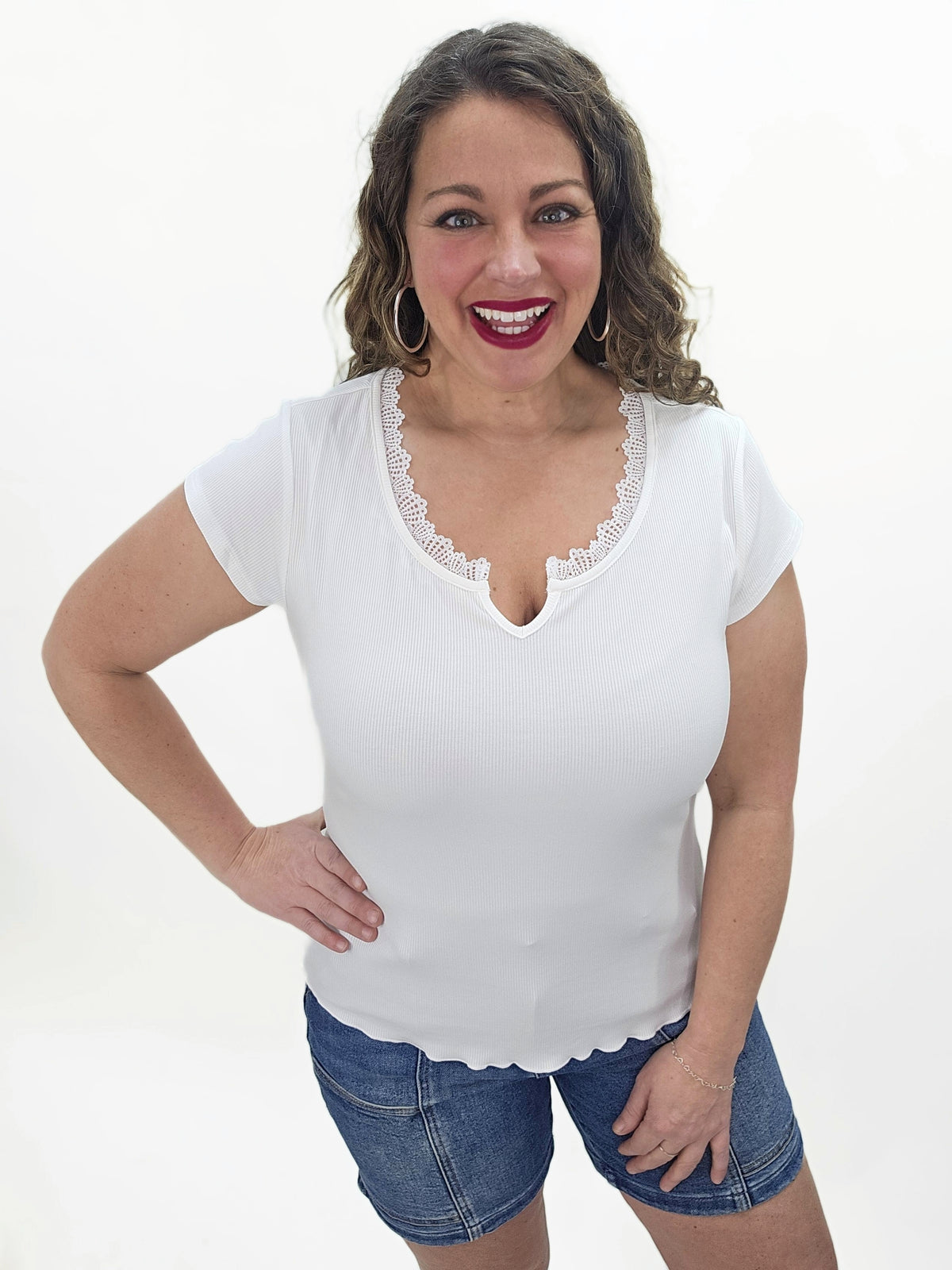 OFF WHITE SOFT RIB SCOOP NECK LACE TRIM TOP