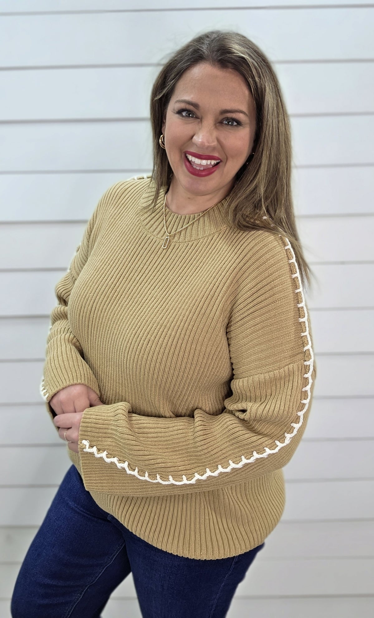 TAUPE STITCH DETAIL LOOSE FIT PULLOVER SWEATER