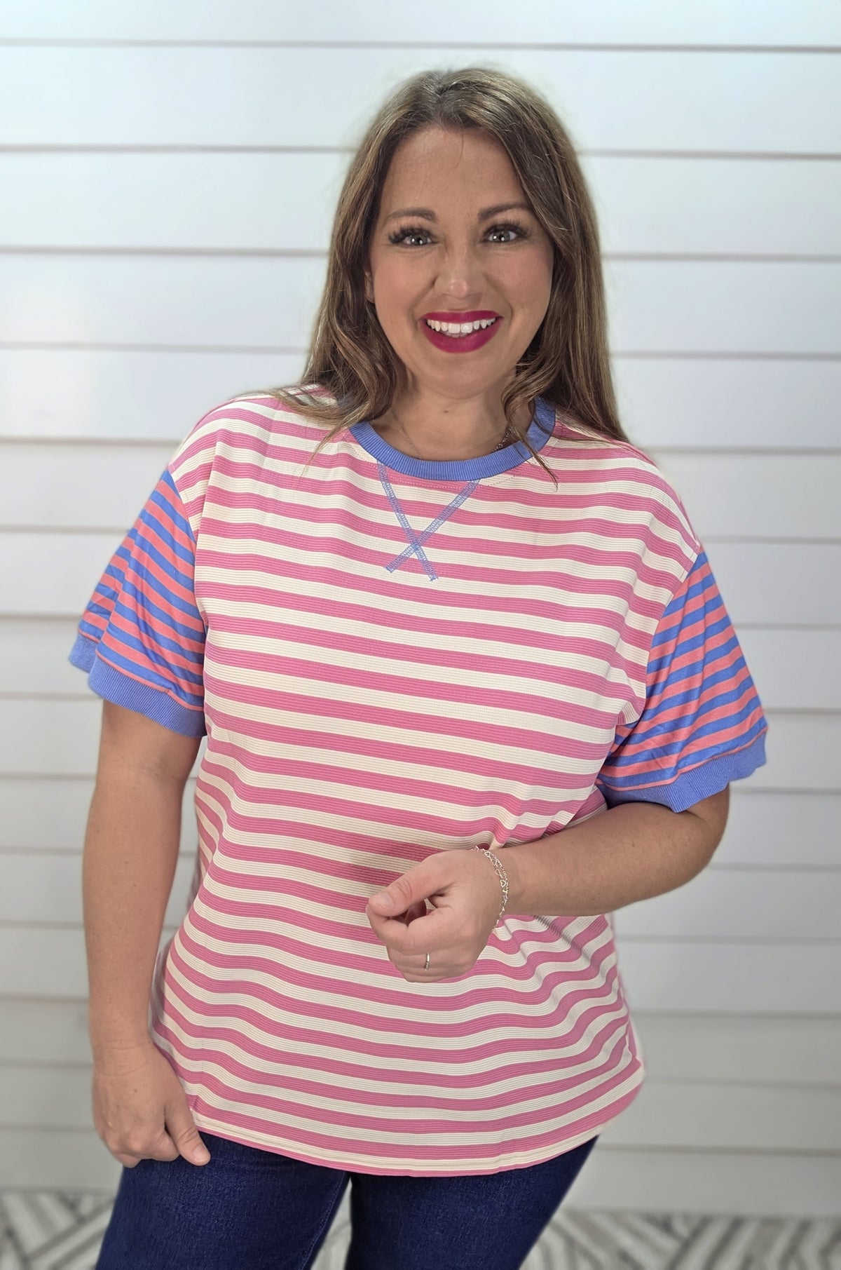 PINK STRIPED KNIT TOP W/ CONTRAST KNIT SLEEVES