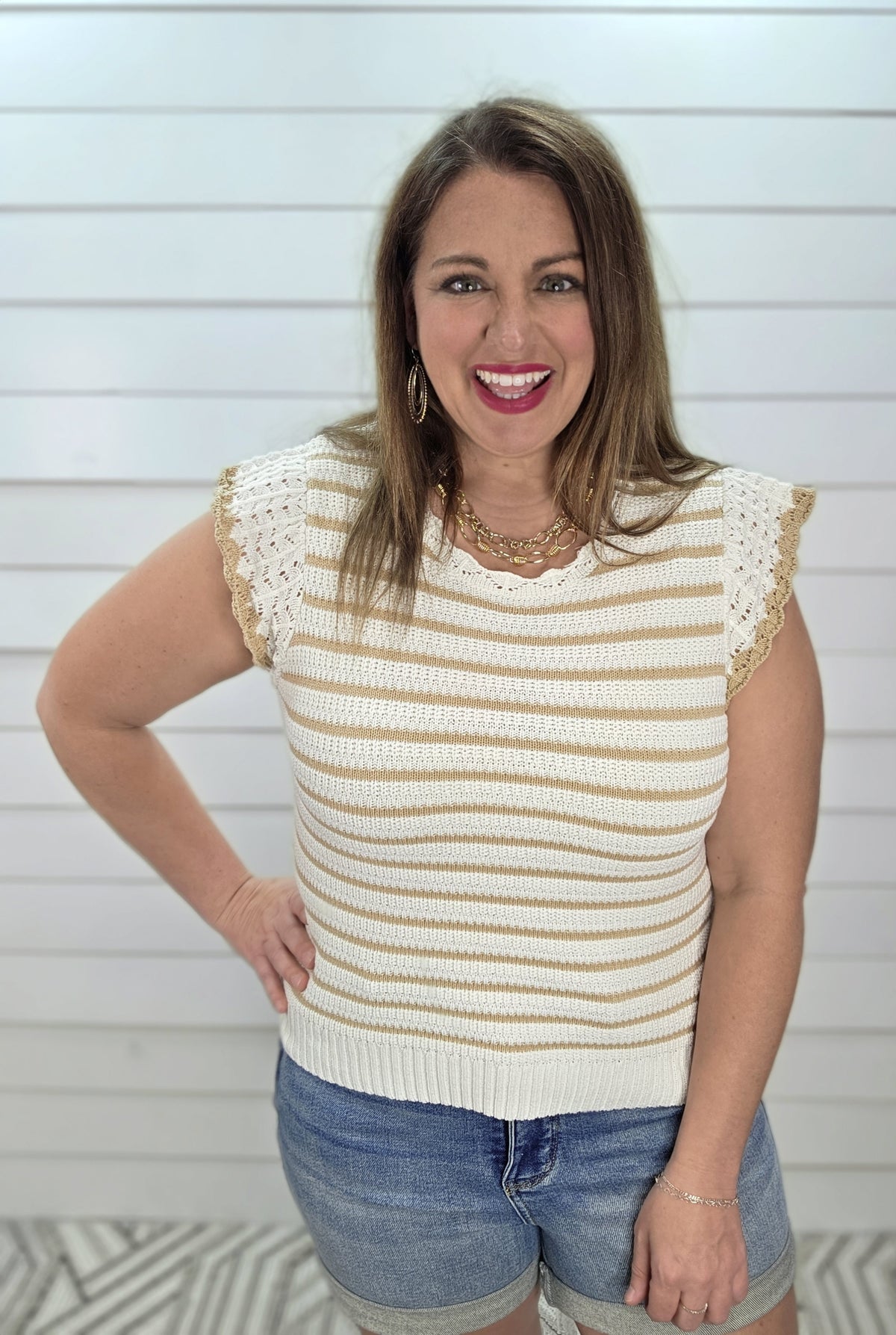 TAUPE/CREAM STRIPED SLEEVELESS SWEATER TOP W/ RUFFLE SLEEVE