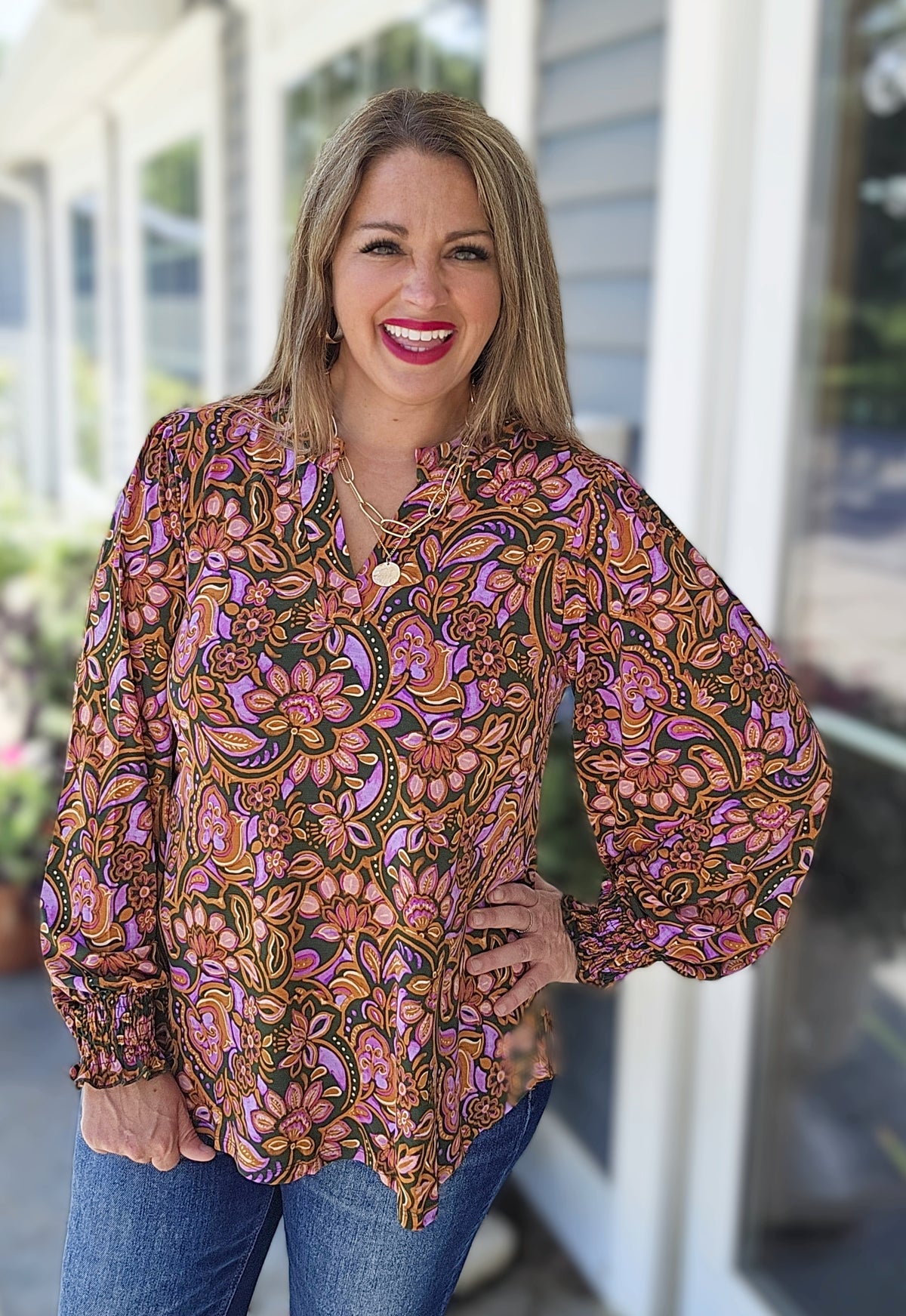 DEAR SCARLETT OLIVE/MUSTARD/PURPLE FLORAL LONG SLEEVE SMOCKED LIZZY