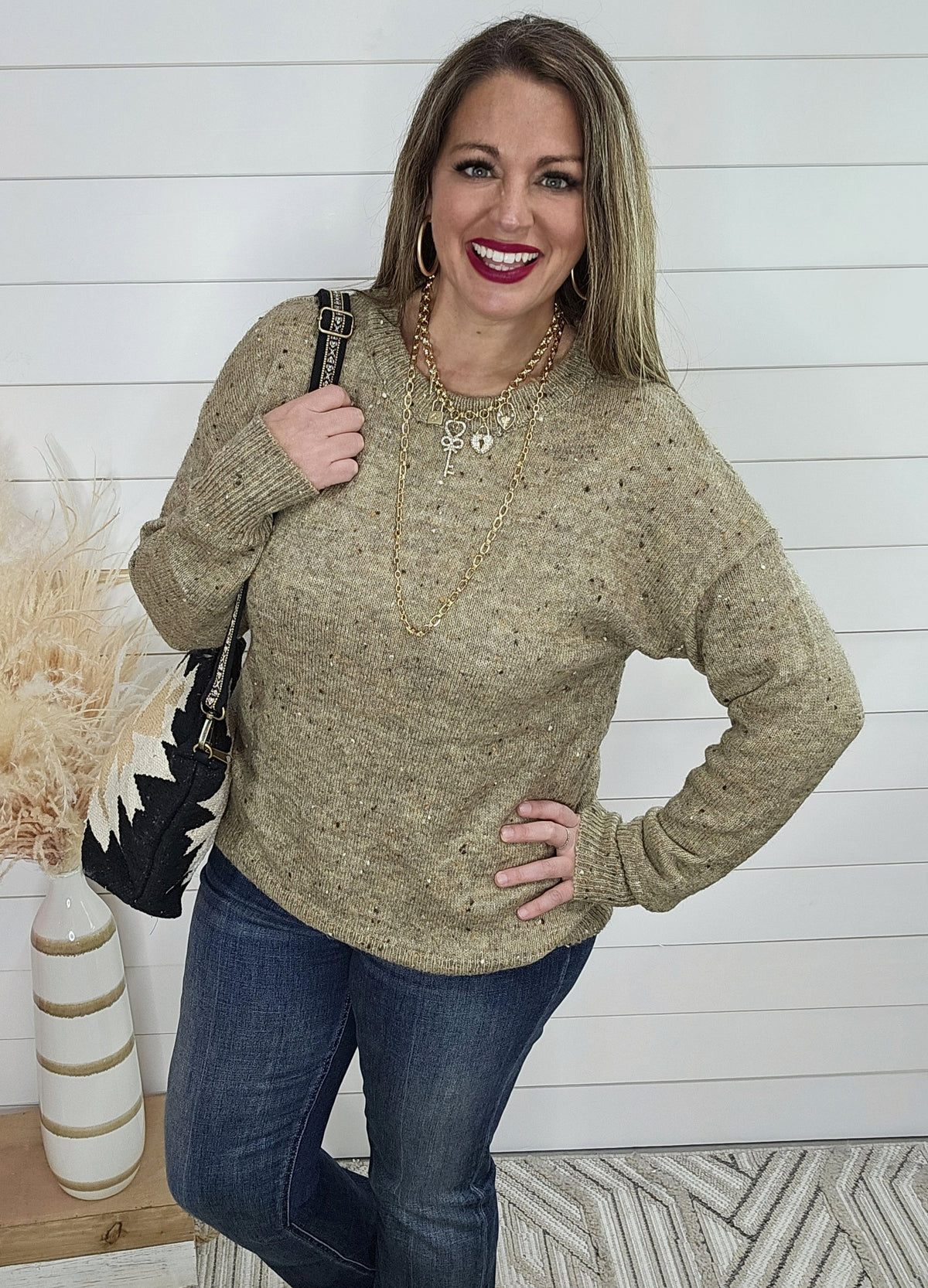 DARK TAUPE SPRINKLE YARN PULLOVER SWEATER