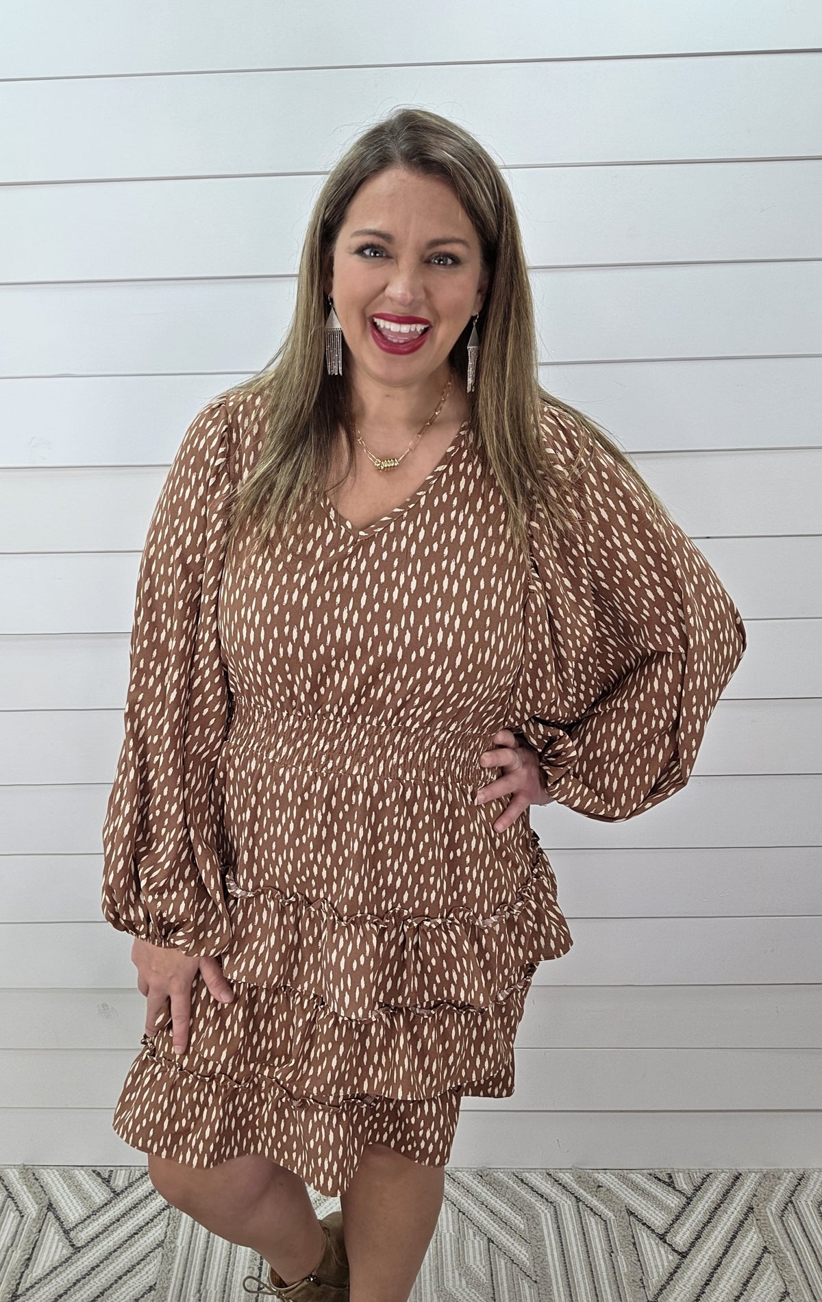 TERRACOTTA PRINTED ELASTIC WAIST RUFFLE TEIRED HEM DRESS