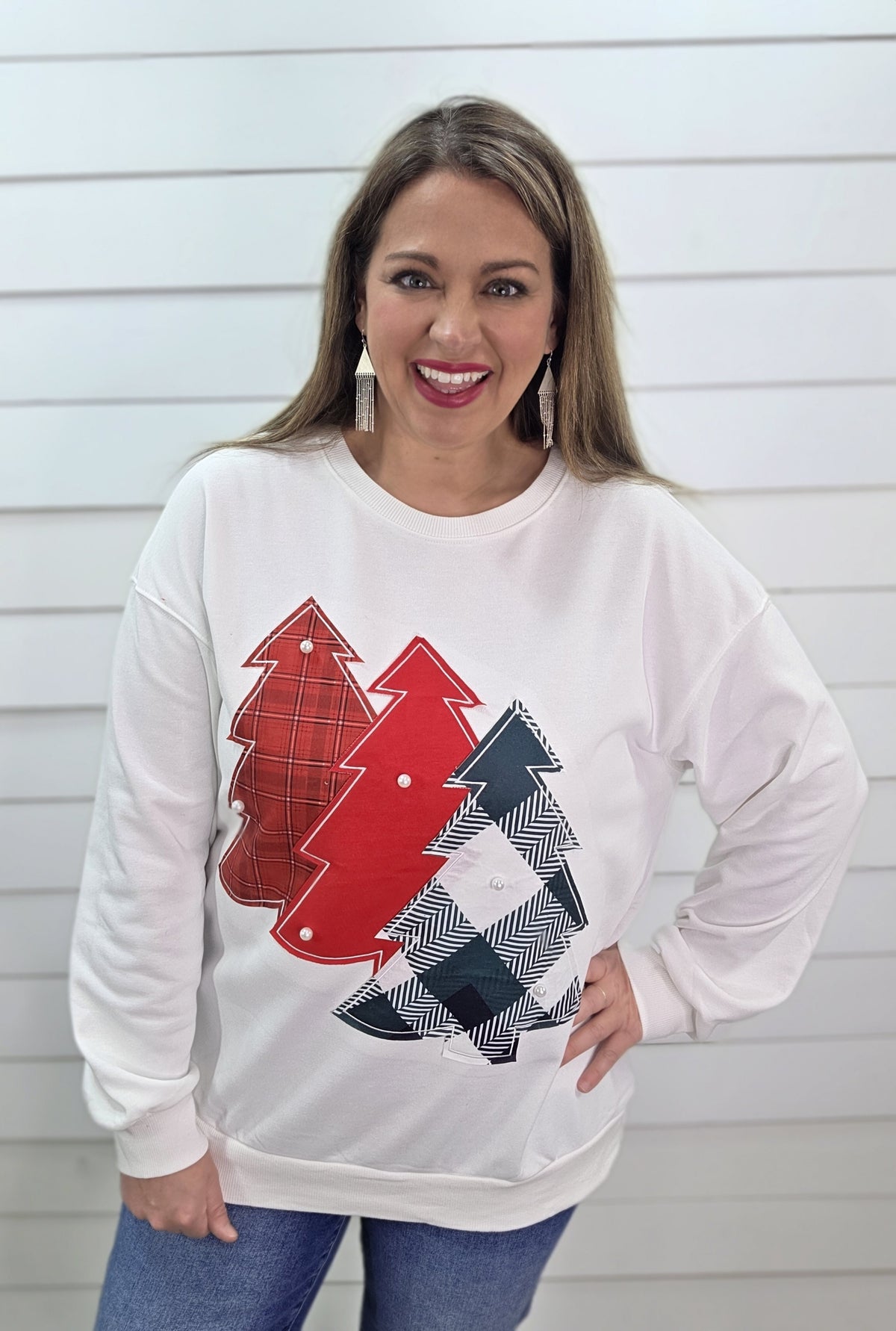 WHITE FRENCH TERRY PULLOVER W/ TREES AND PEARLS