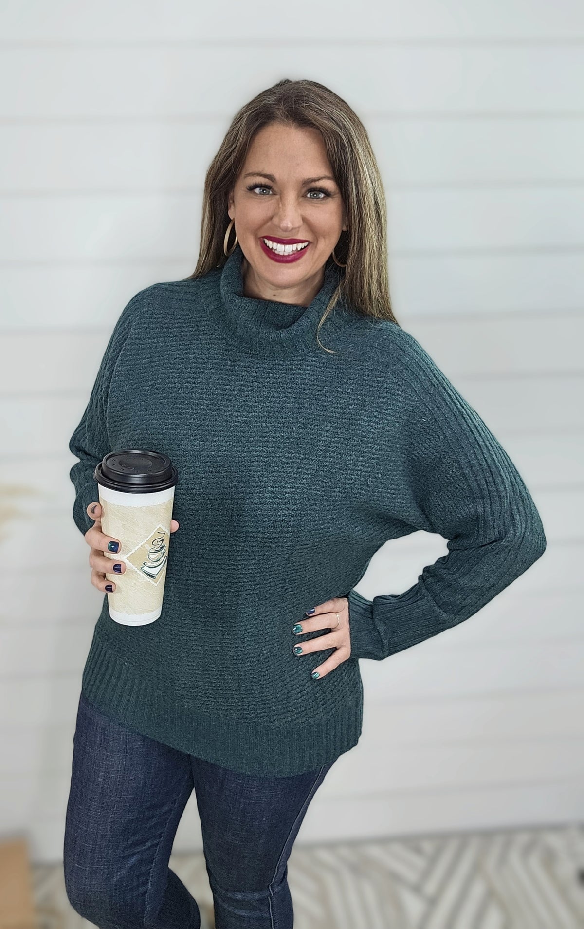 DARK JADE COWL NECK RIBBED SWEATER