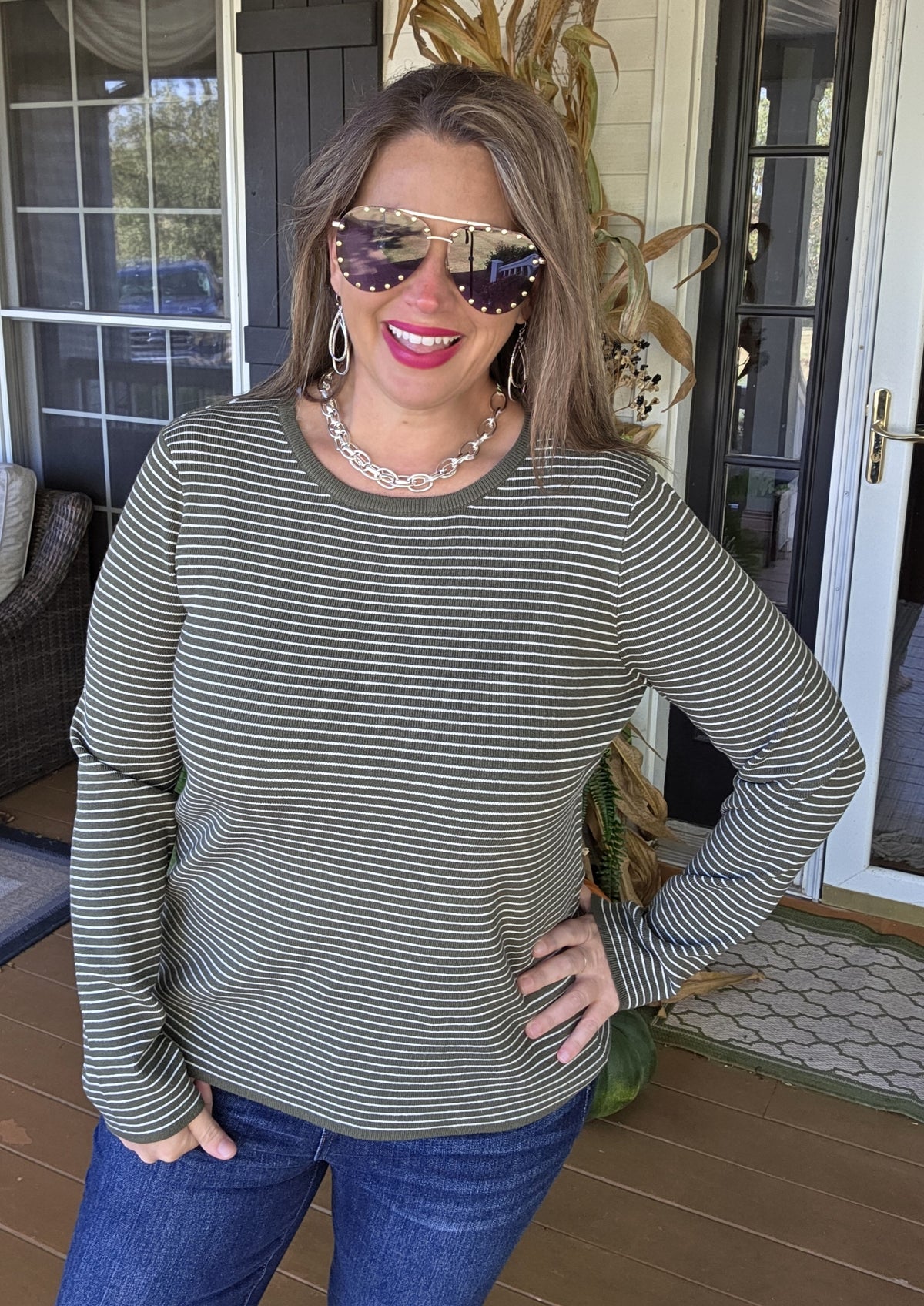 DARK OLIVE PINSTRIPE PULLOVER SWEATER