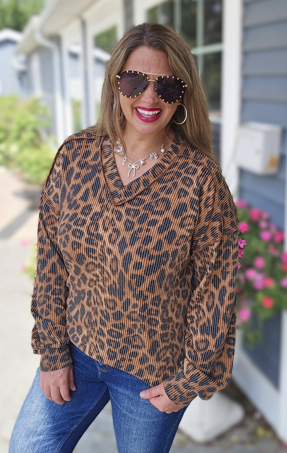 DARK MOCHA RAISED RIBBED ANIMAL PRINT V NECK LONG SLEEVE TOP
