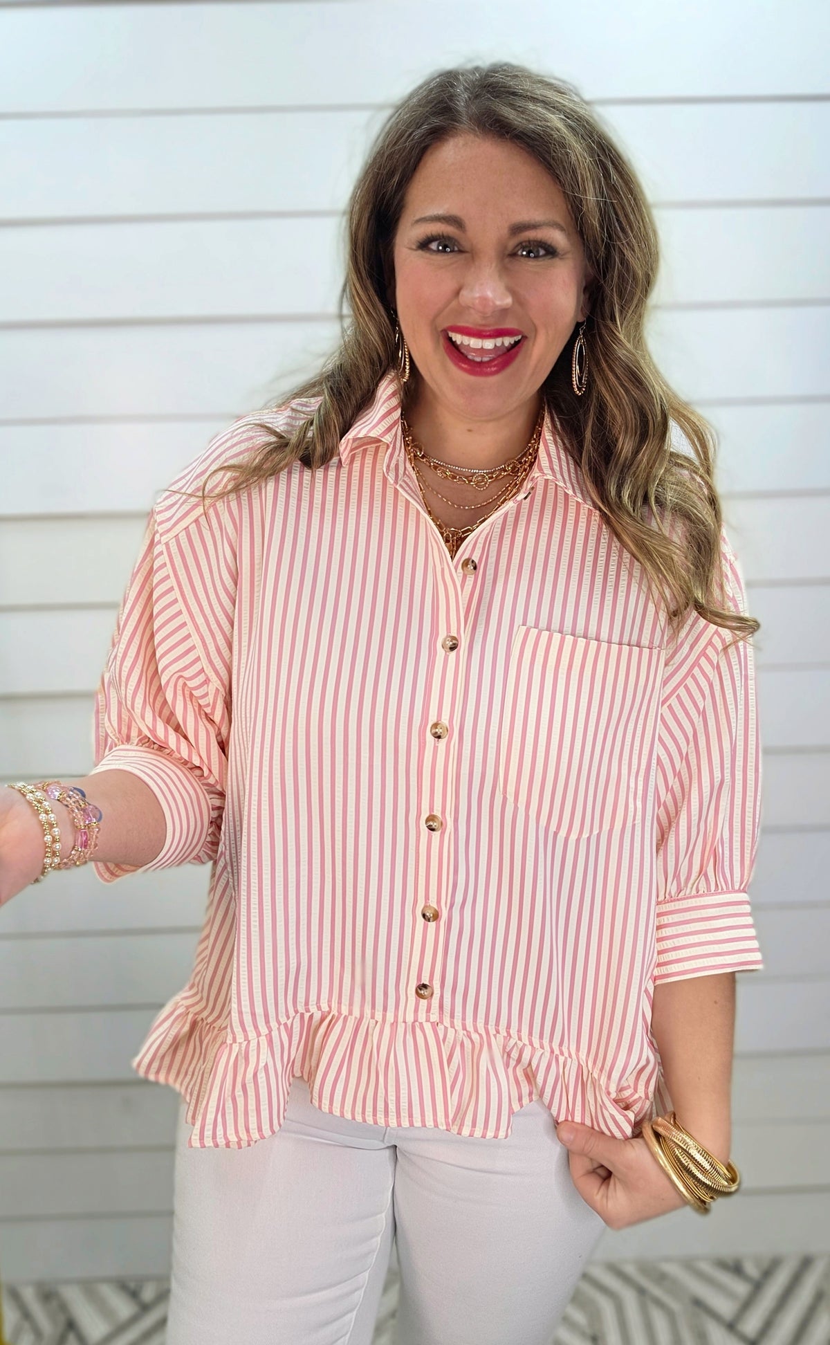 PINK STRIPED BUTTON DOWN RUFFLE TOP