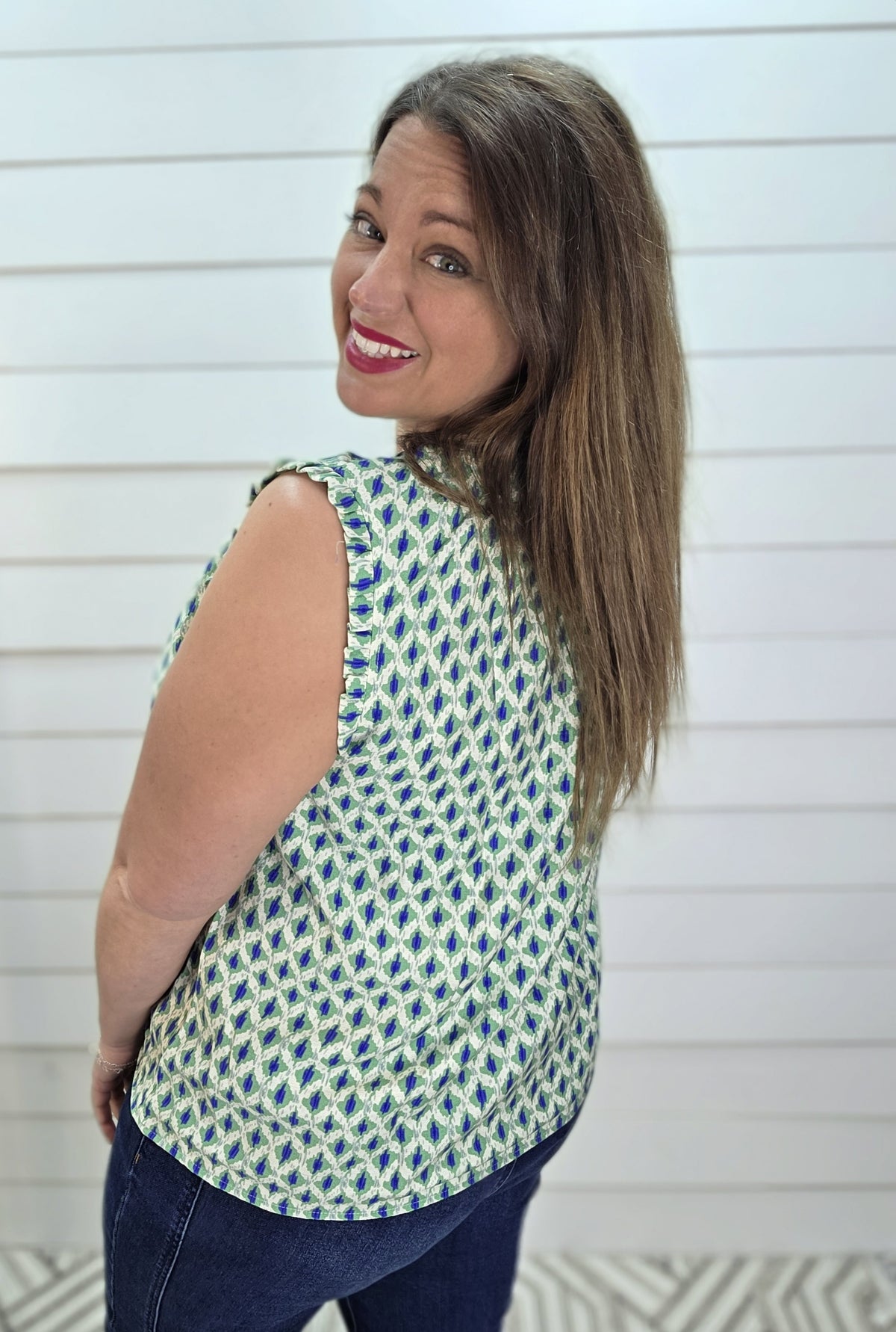 GREEN/NAVY HIGH NECK WOVEN SLEEVELESS TOP