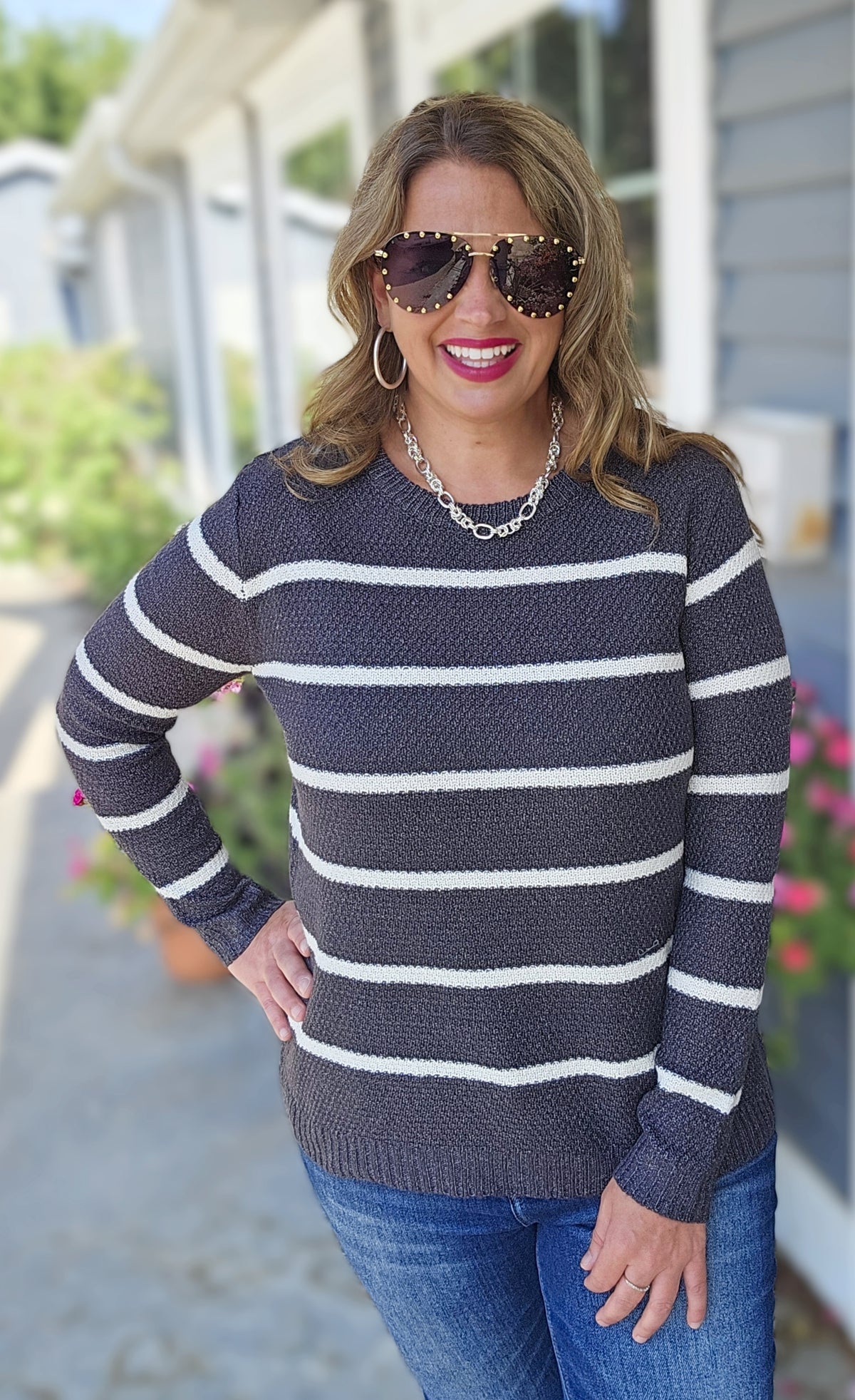 GUN METAL TWO TONE STRIPED KNIT SWEATER