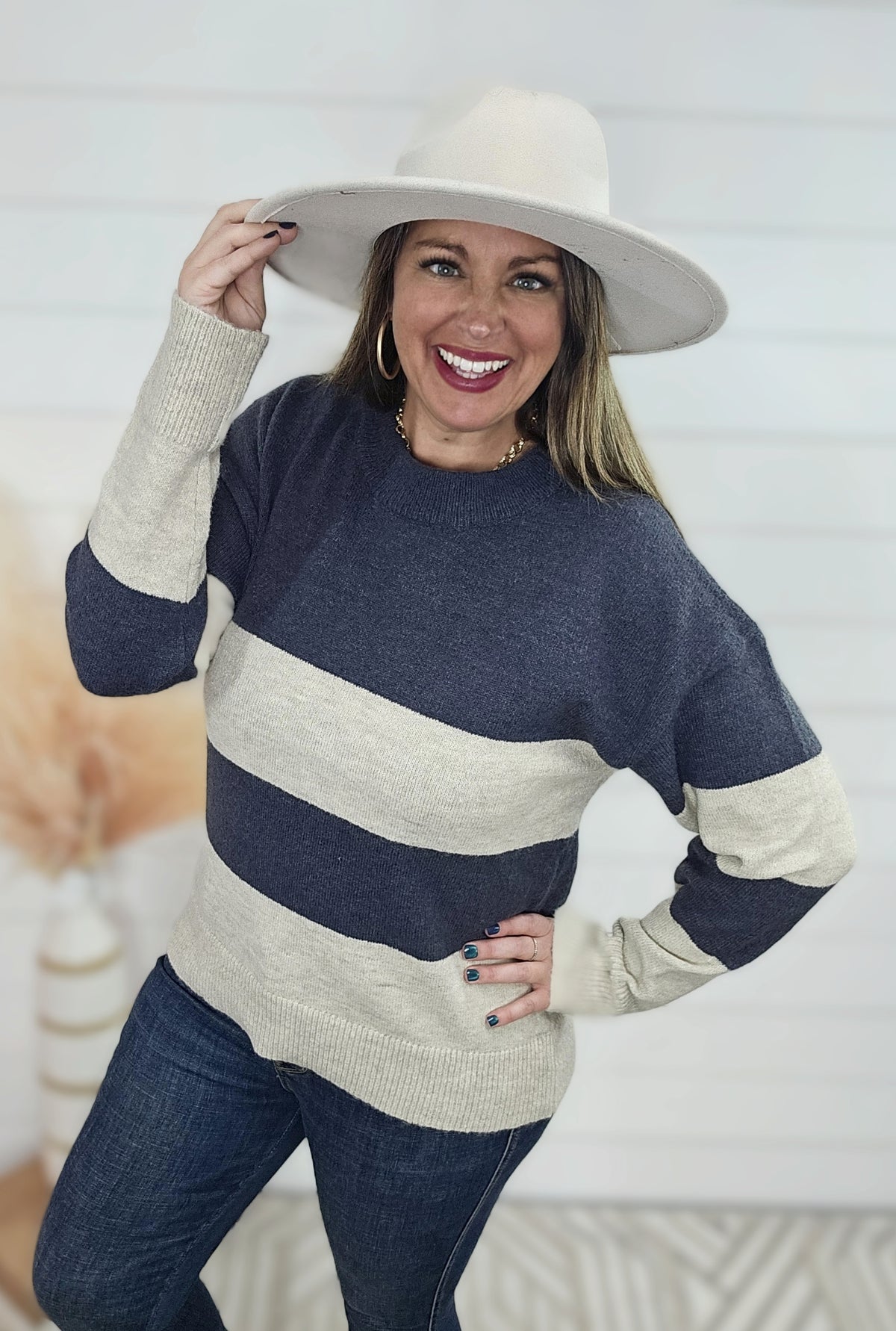 DENIM/TAUPE STRIPED CREW NECK SWEATER