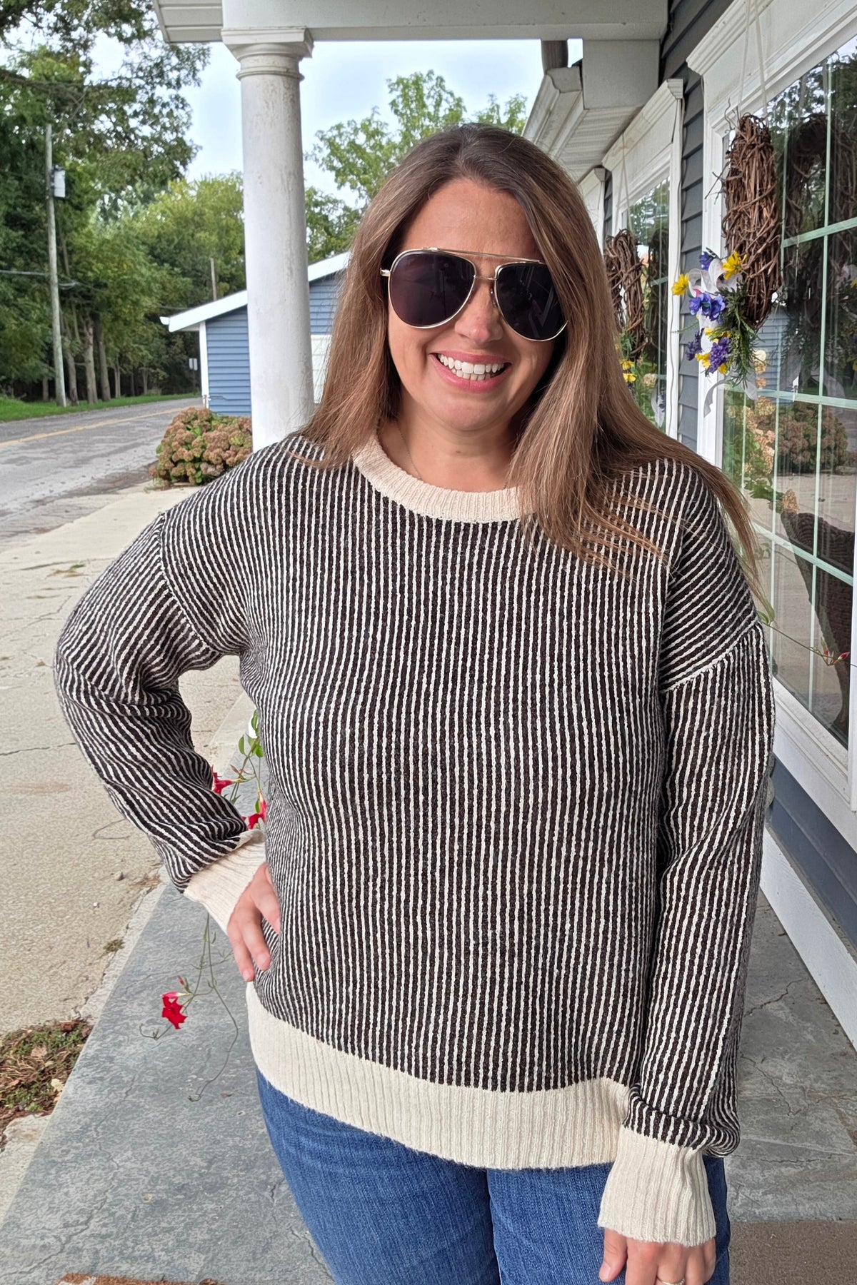 Chocolate Crew Neck, Long Sleeve, 2Tone Rib Textured Sweater