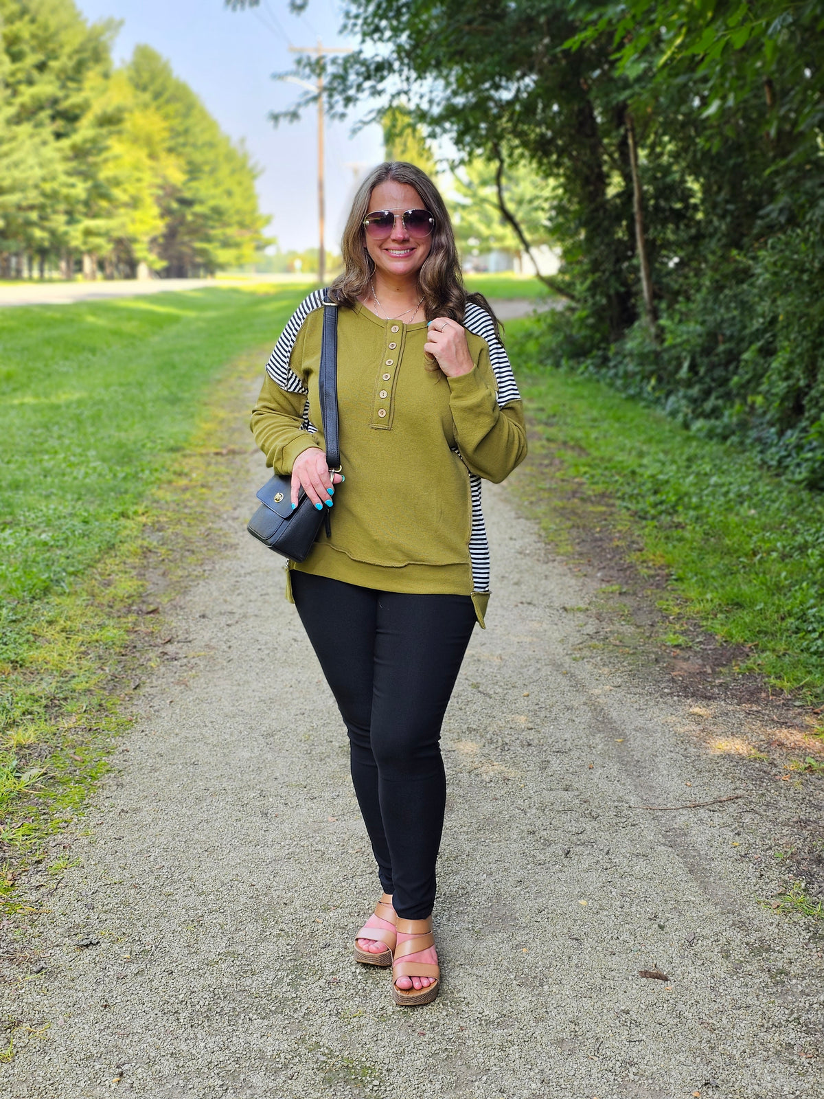 GREEN THERMAL/STRIPED BUTTON HENLEY TOP