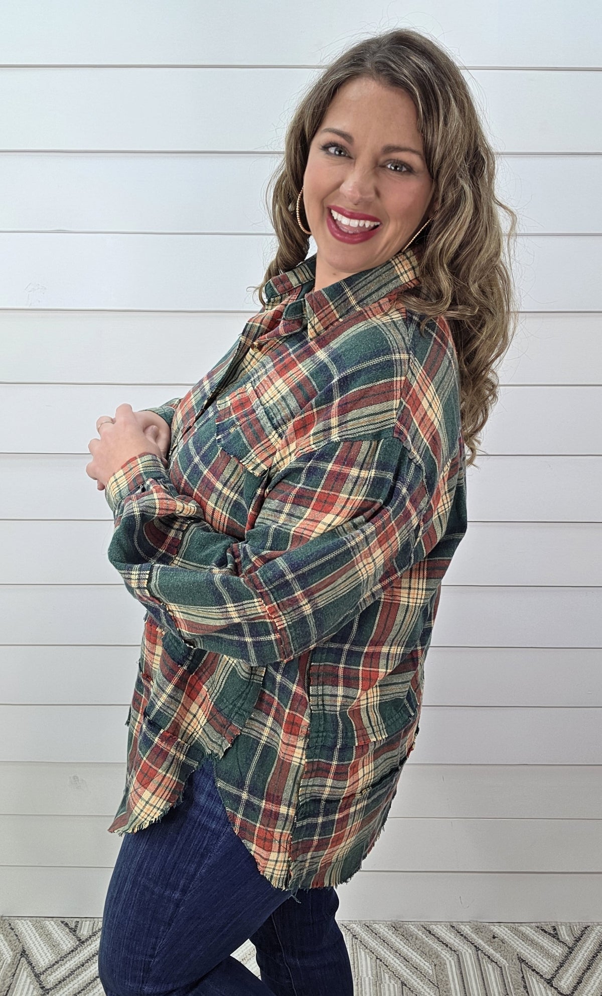 PINE GREEN PLAID OVERSIZED BUTTON DOWN FLANNEL