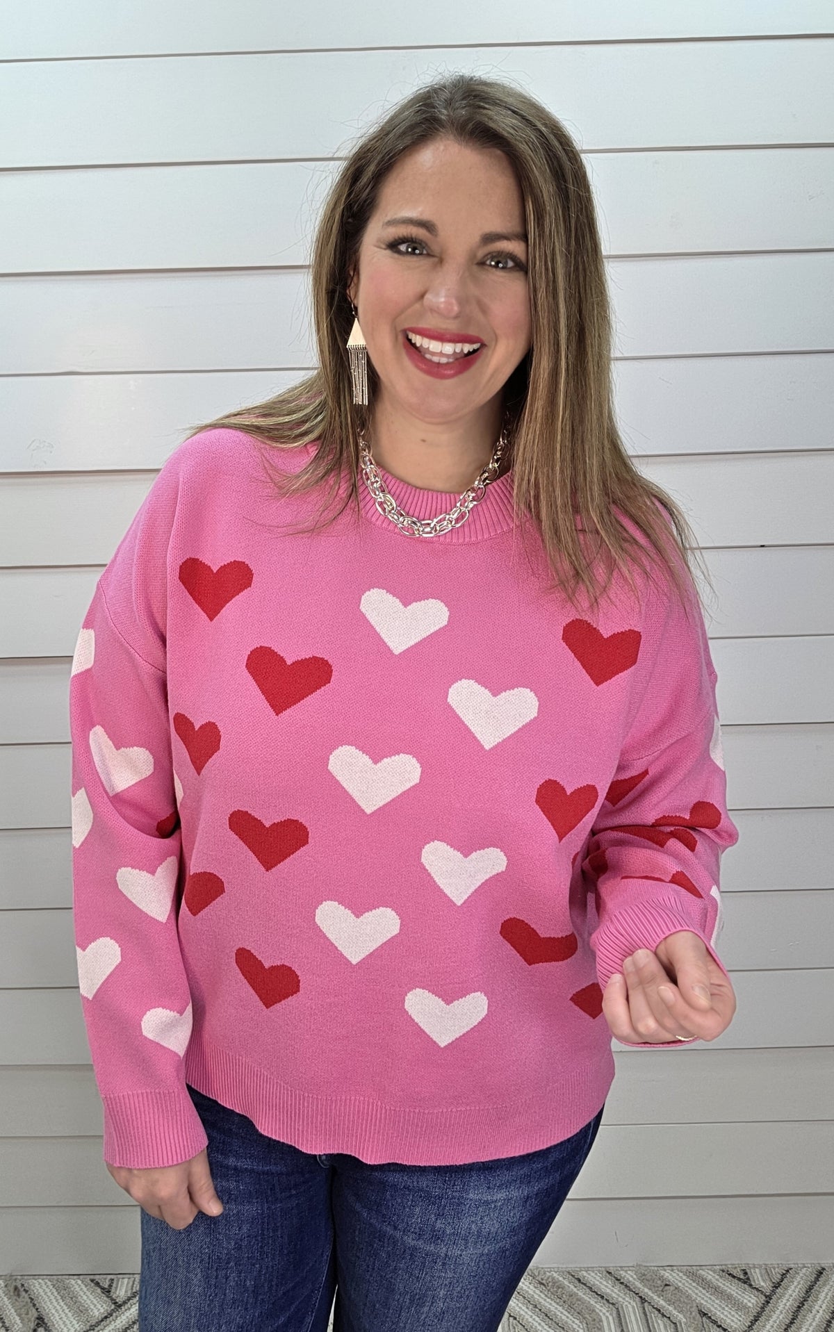 HOT PINK HEART CREW NECK SWEATER