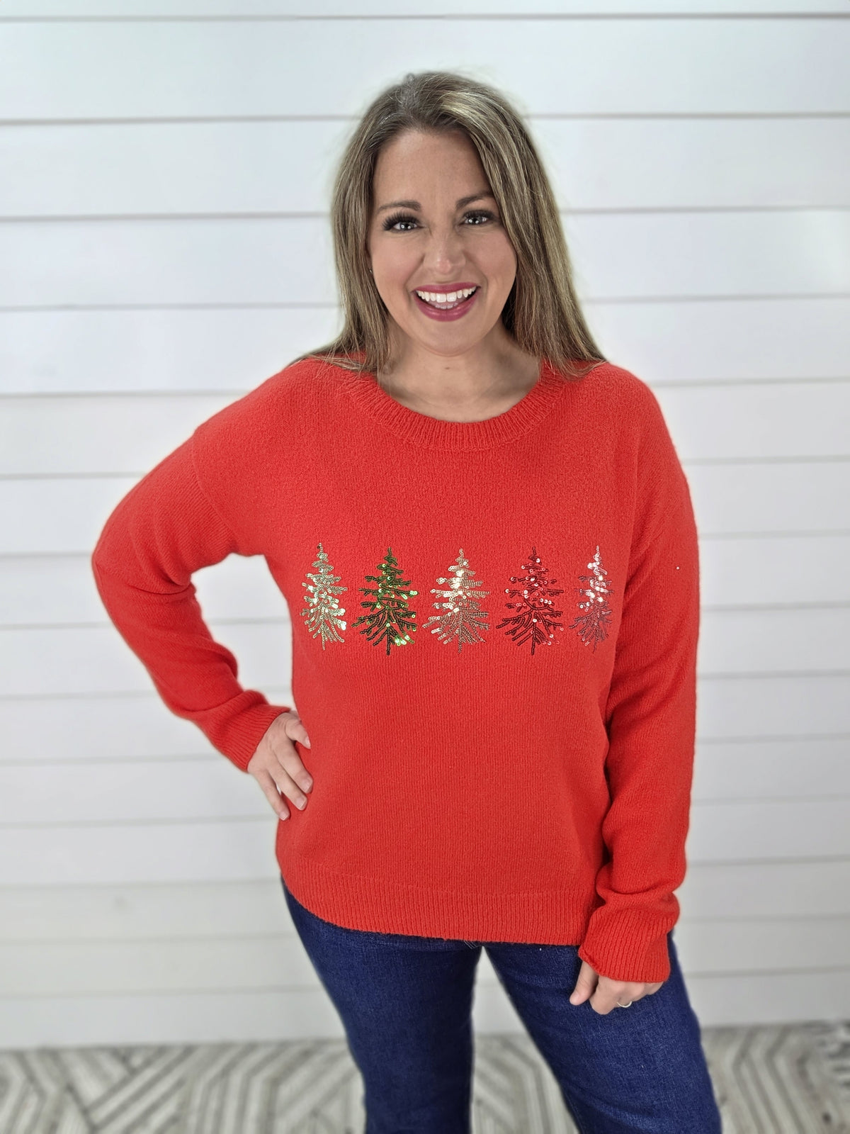 RED SEQUIN TREE KNIT SWEATER