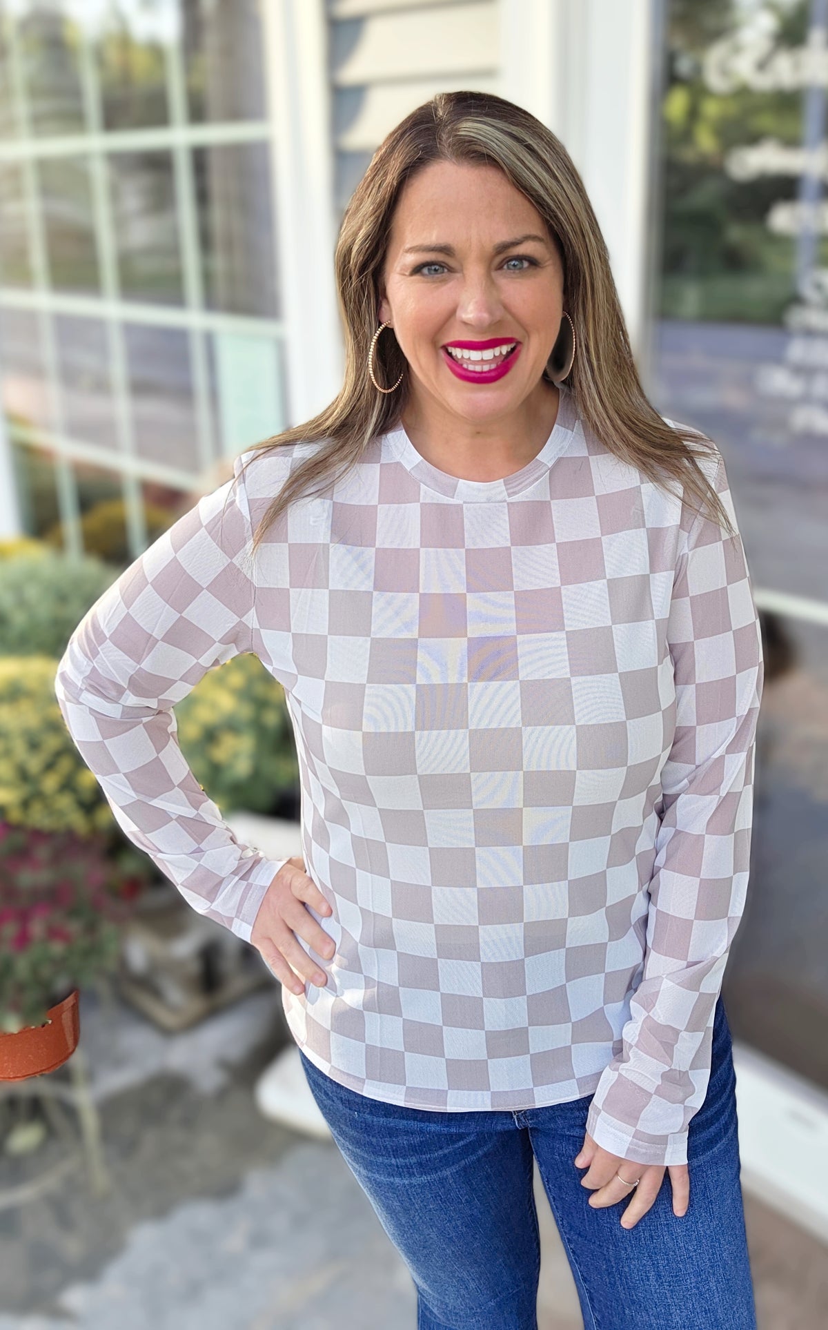 SHIRLY AND STONE TAUPE CHECK MESH TOP