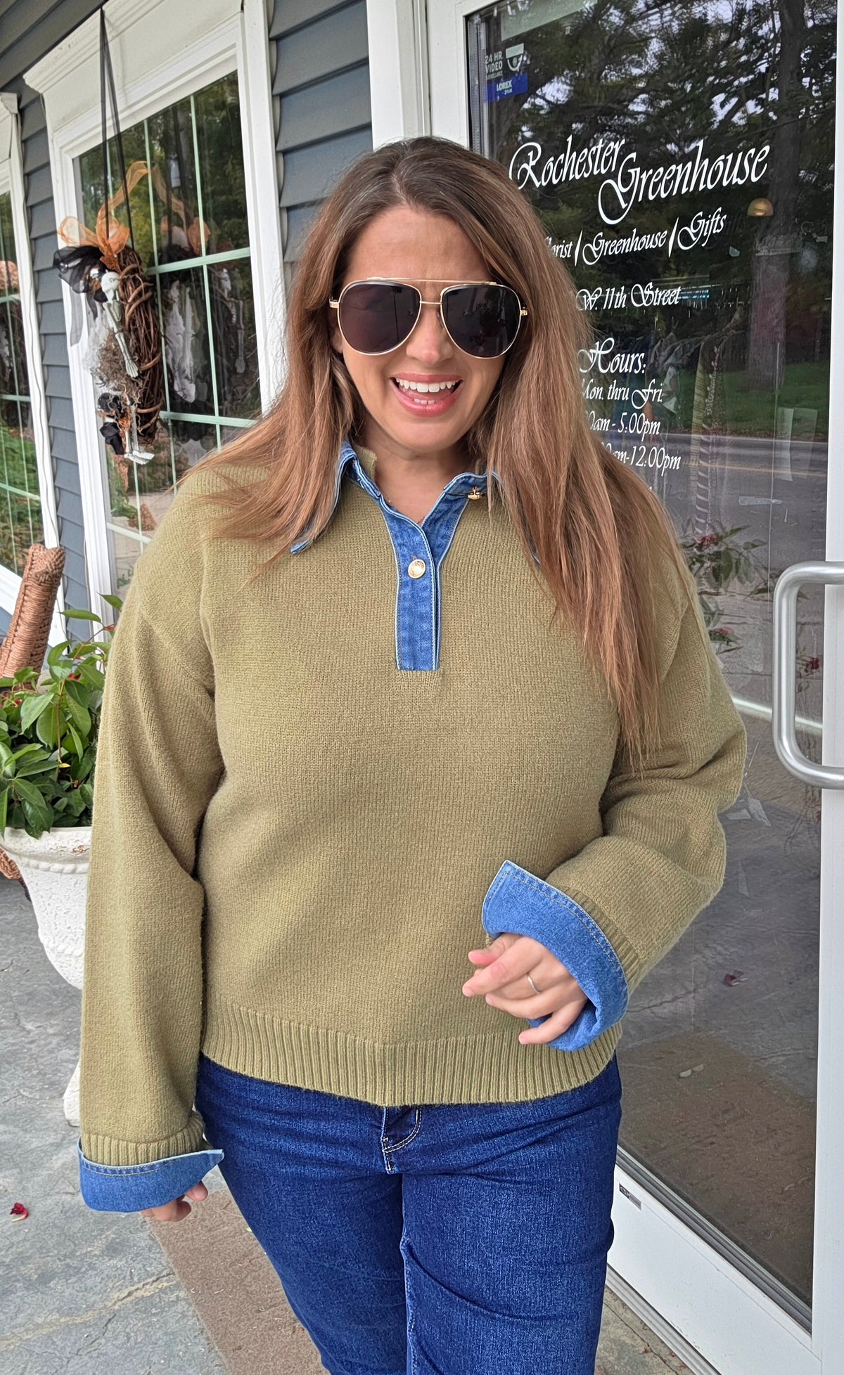 LT OLIVE SWEATER W/ DENIM TRIM