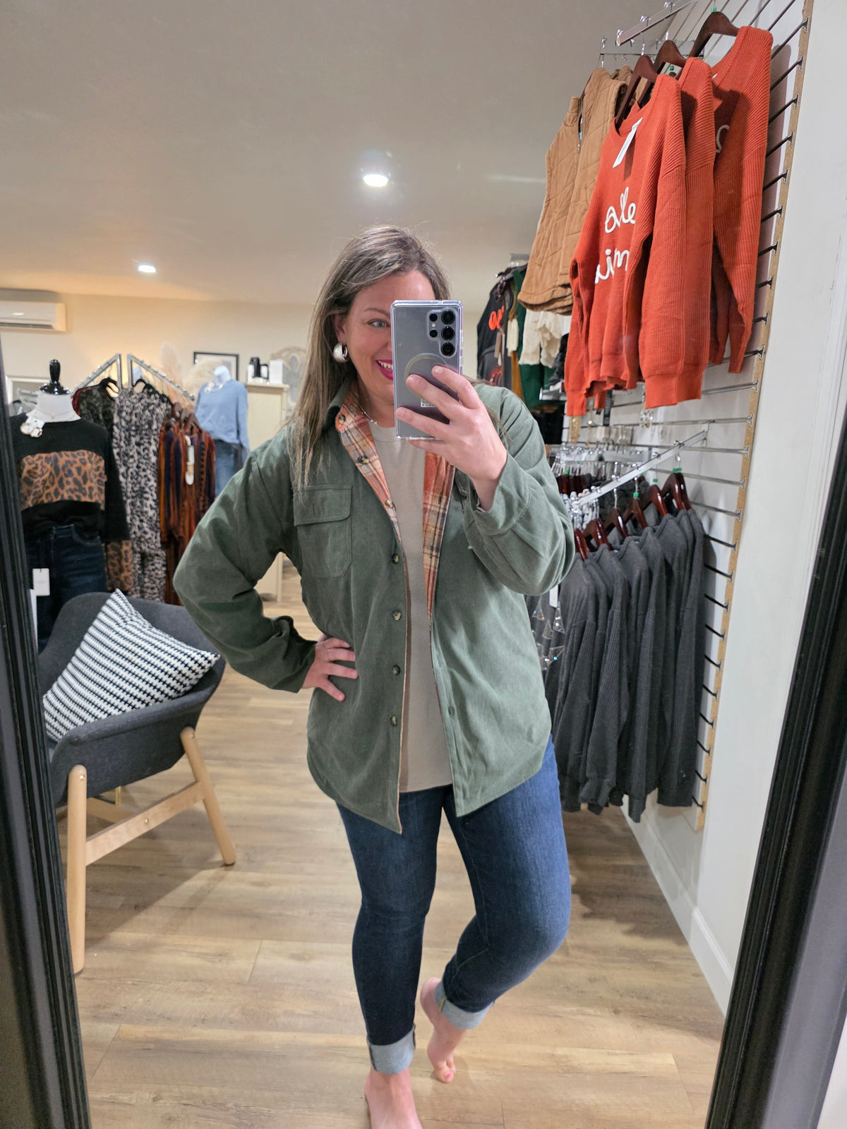 OLIVE CORD/RUST PLAID REVERSIABLE SHACKET